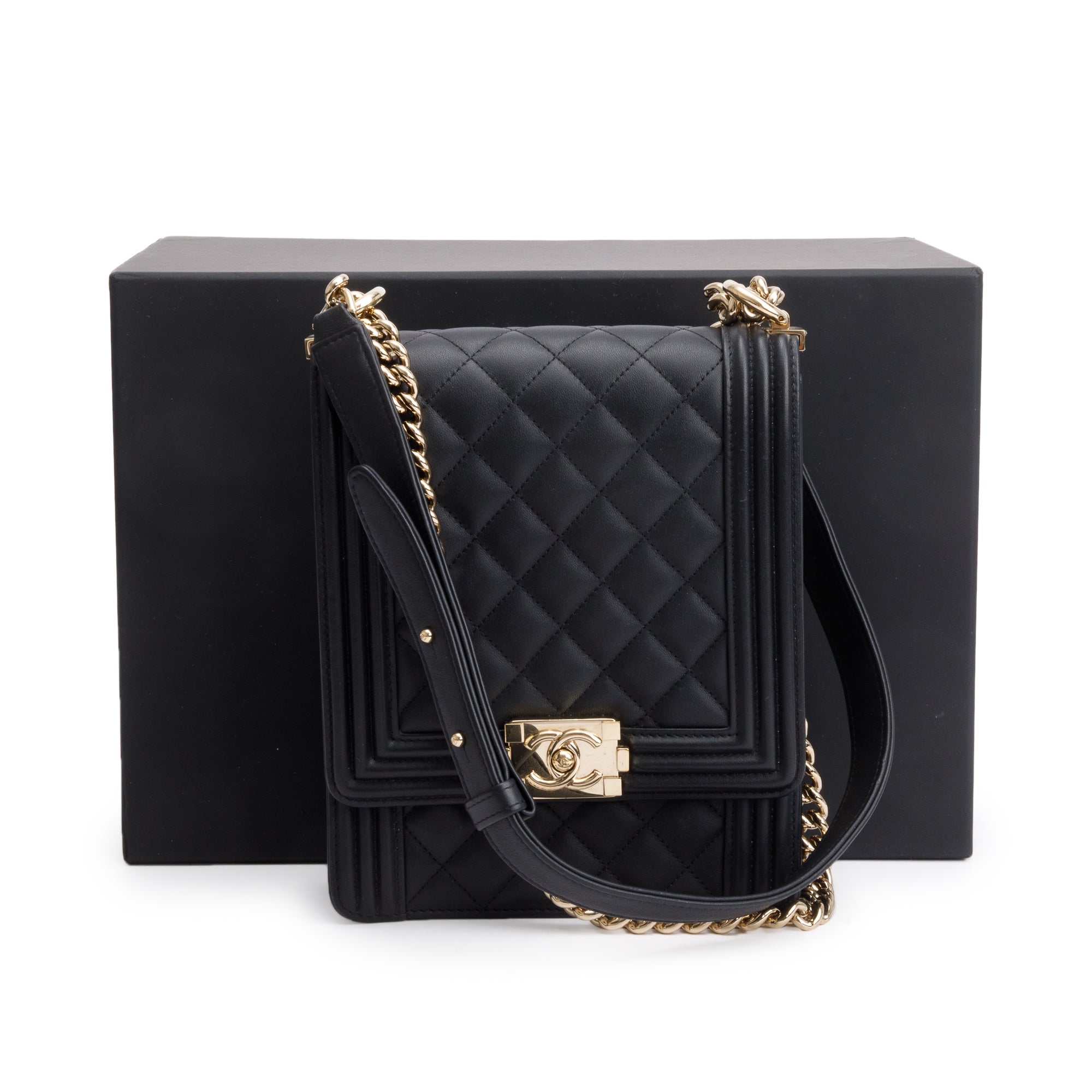 Chanel Black Quilted Lambskin Leather North/South Boy Bag w/ Box & Authenticity