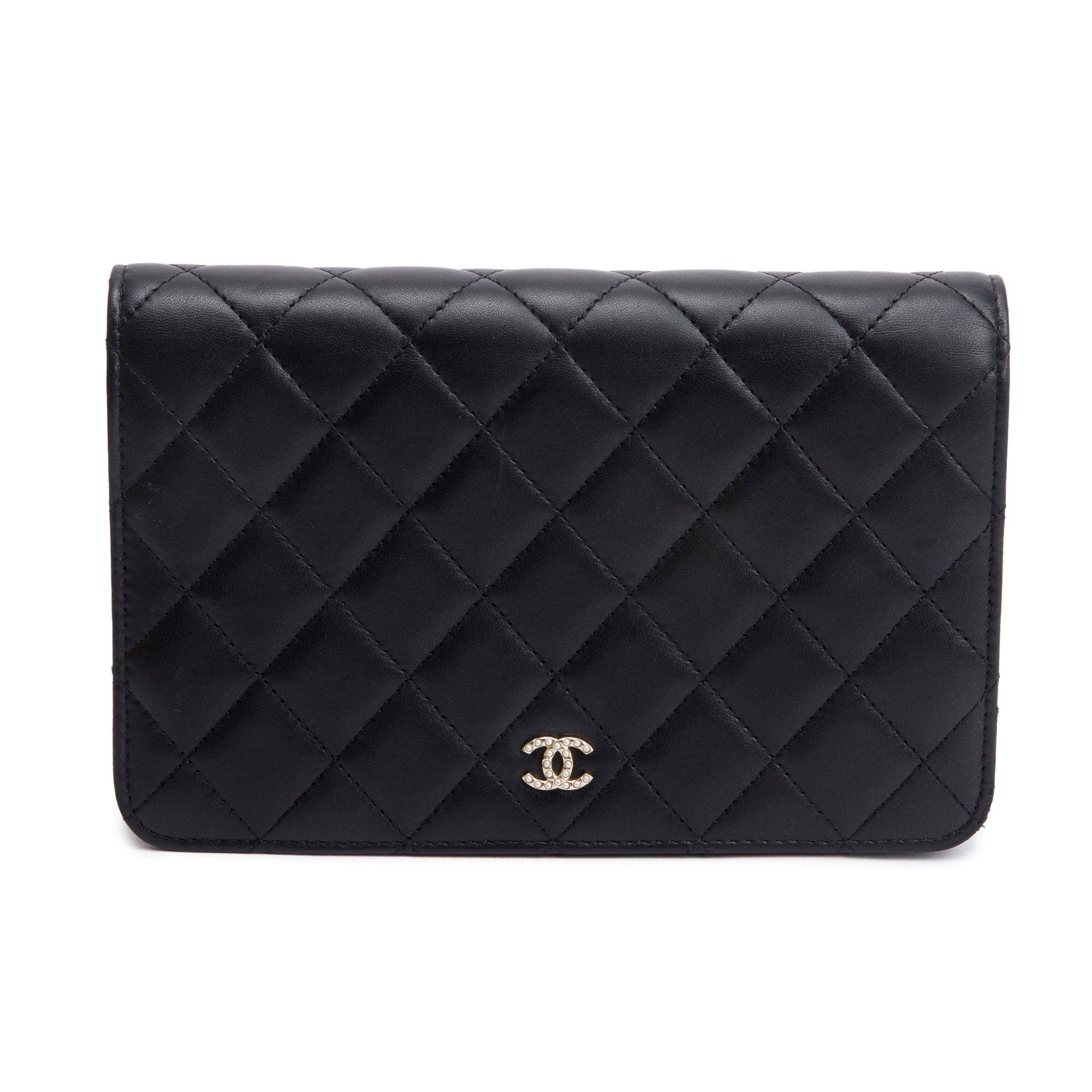Chanel Black Quilted Lambskin Leather Pearl Wallet on Chain