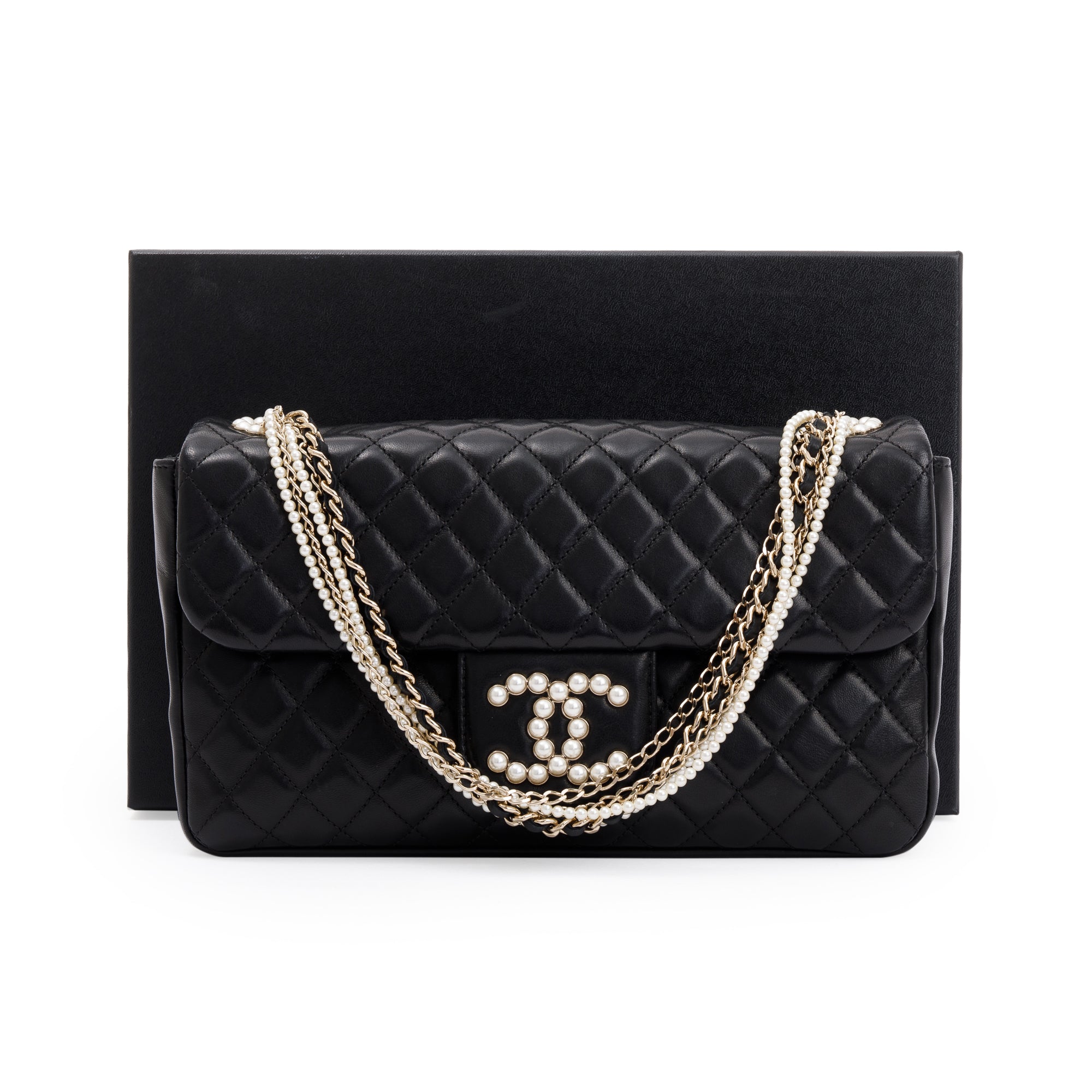 Chanel Black Quilted Lambskin Leather Westmintser Pearl Flap Bag w/ Box & Authenticity Card