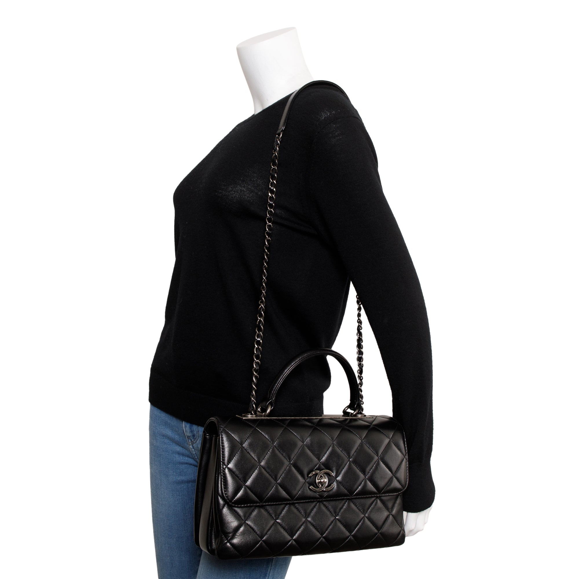 Chanel Black Quilted Lambskin Trendy CC Medium Top Handle Flap Bag w/ Authenticity Card