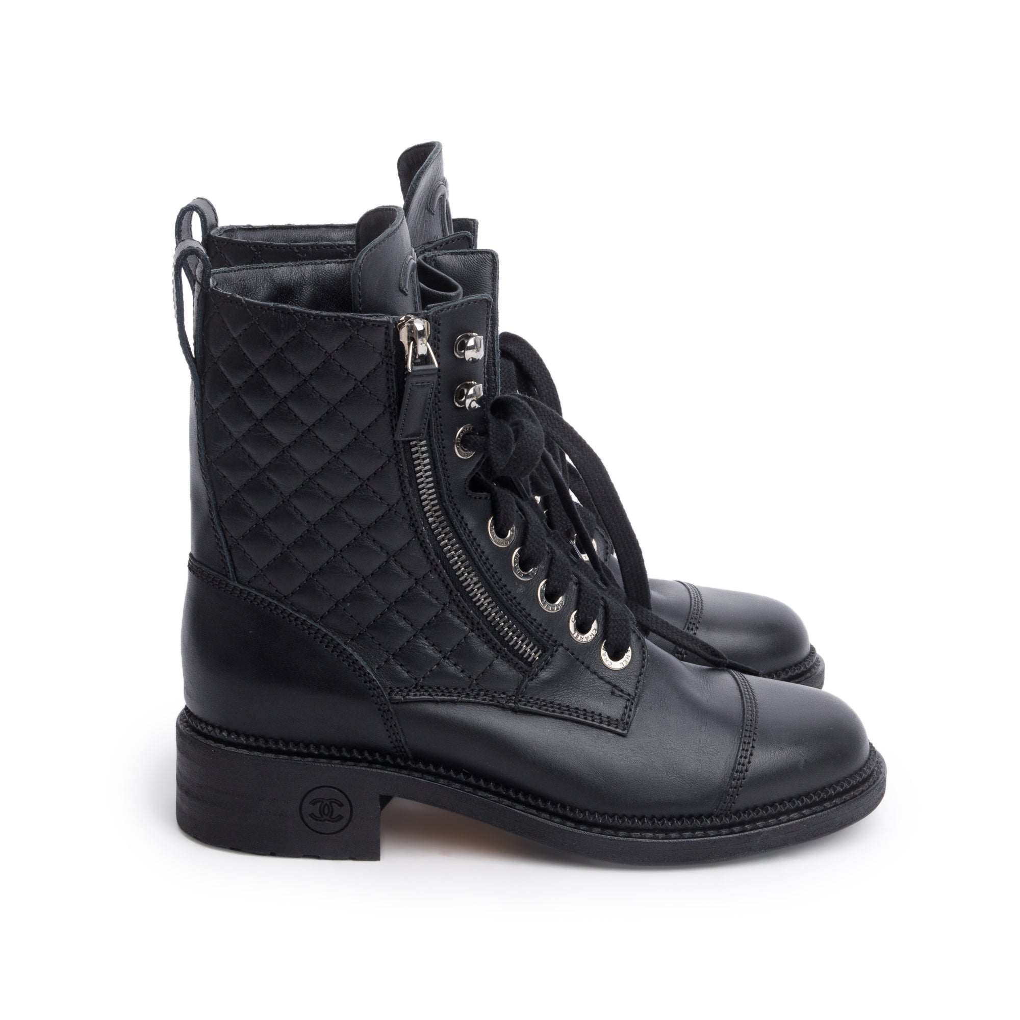 Chanel Black Quilted Leather Interlocking CC Logo Combat Boots, Size 37
