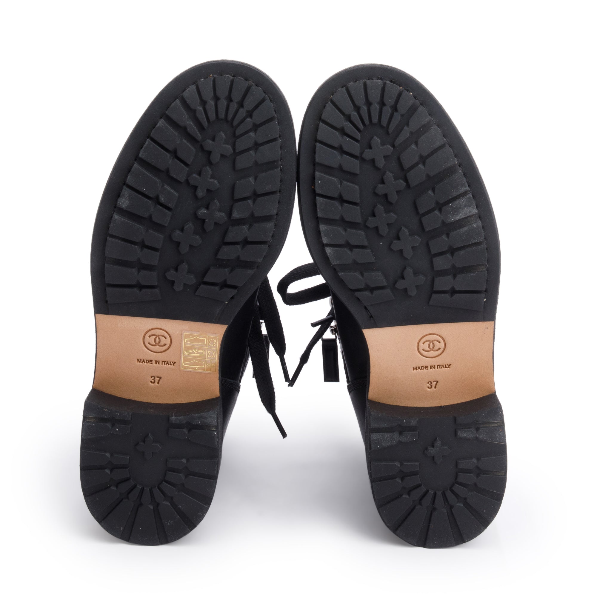 Chanel Black Quilted Leather Interlocking CC Logo Combat Boots, Size 37