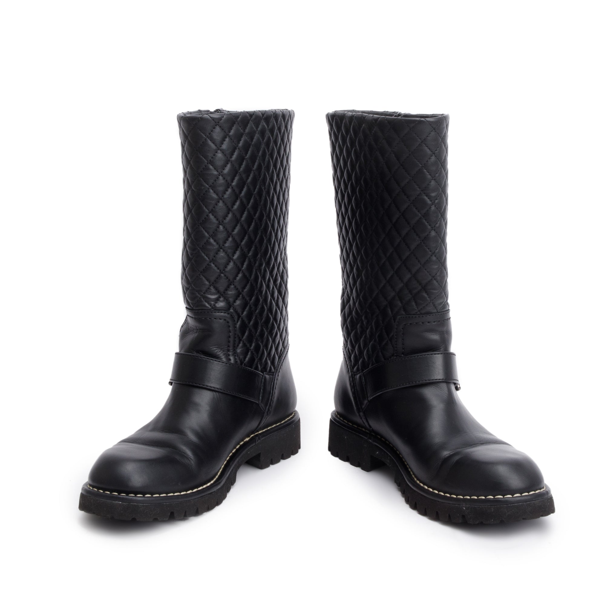 Chanel Black Quilted Leather Interlocking CC Logo Mid Calf Motorcycle Boots, Size 38
