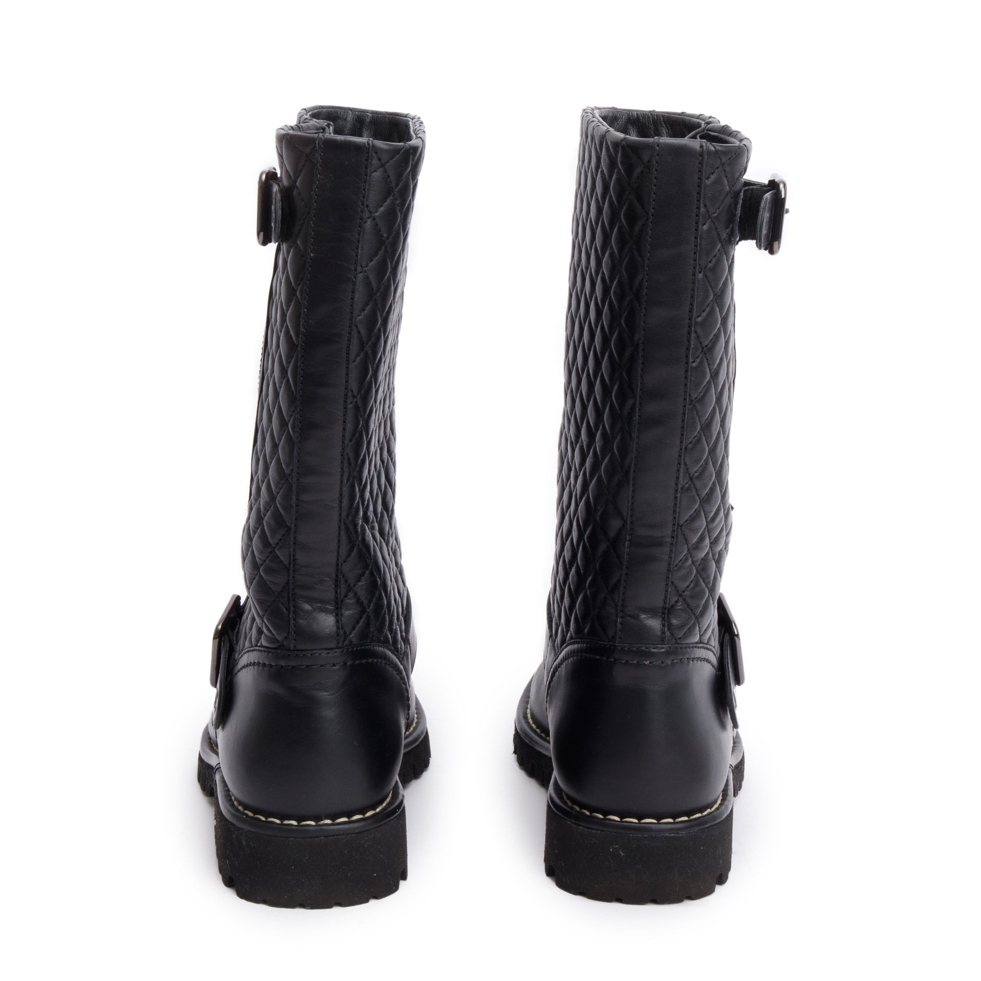 Chanel Black Quilted Leather Interlocking CC Logo Mid Calf Motorcycle Boots, Size 38