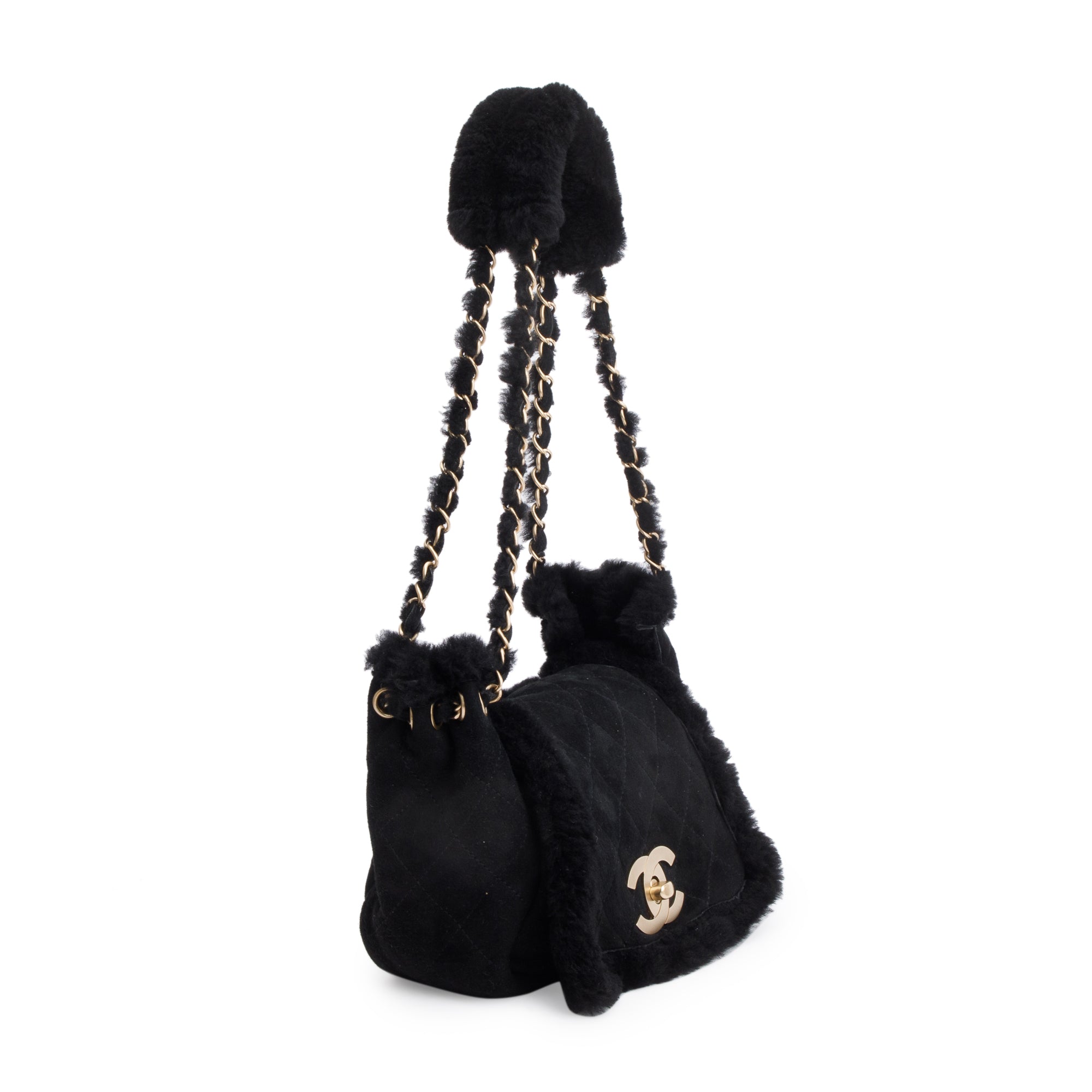 Chanel Black Quilted Nubuck Shearling CC Flap Bag