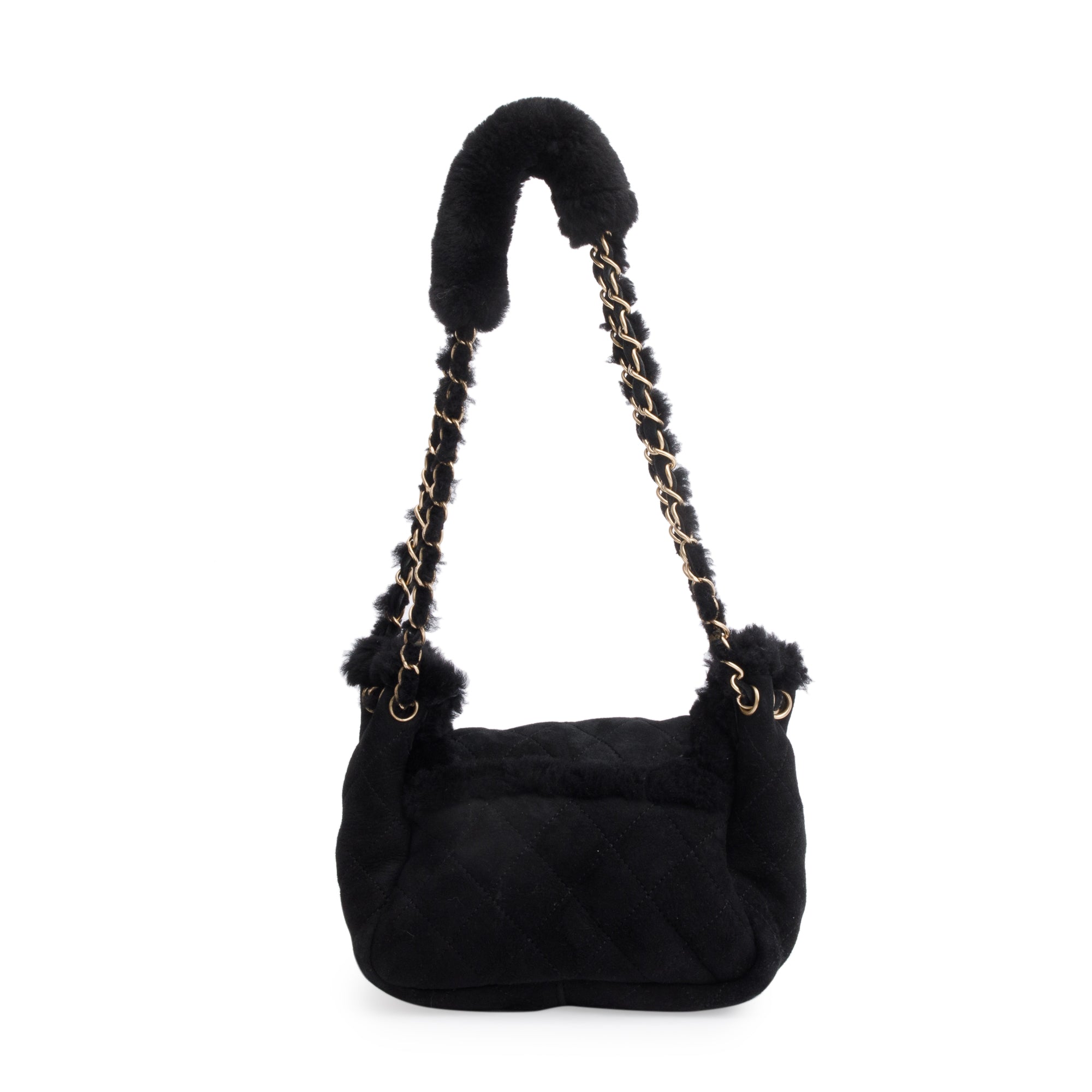 Chanel Black Quilted Nubuck Shearling CC Flap Bag
