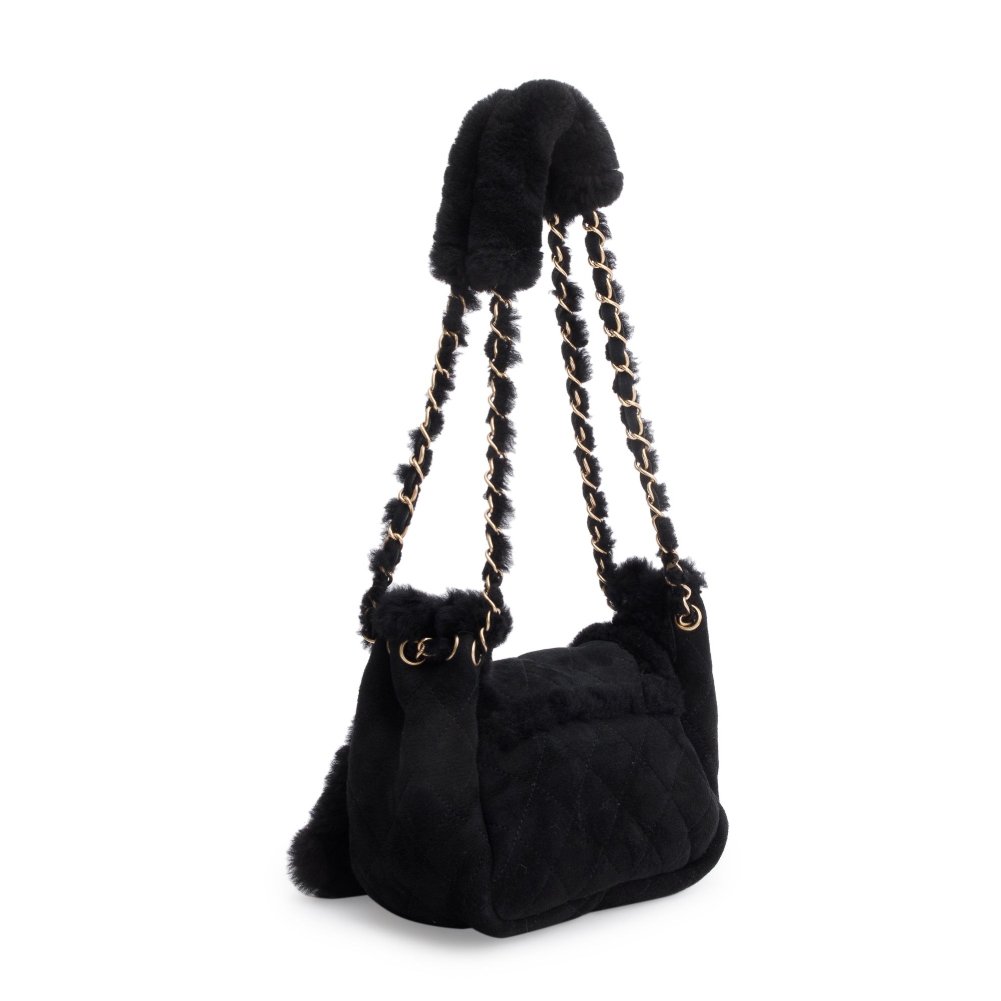 Chanel Black Quilted Nubuck Shearling CC Flap Bag