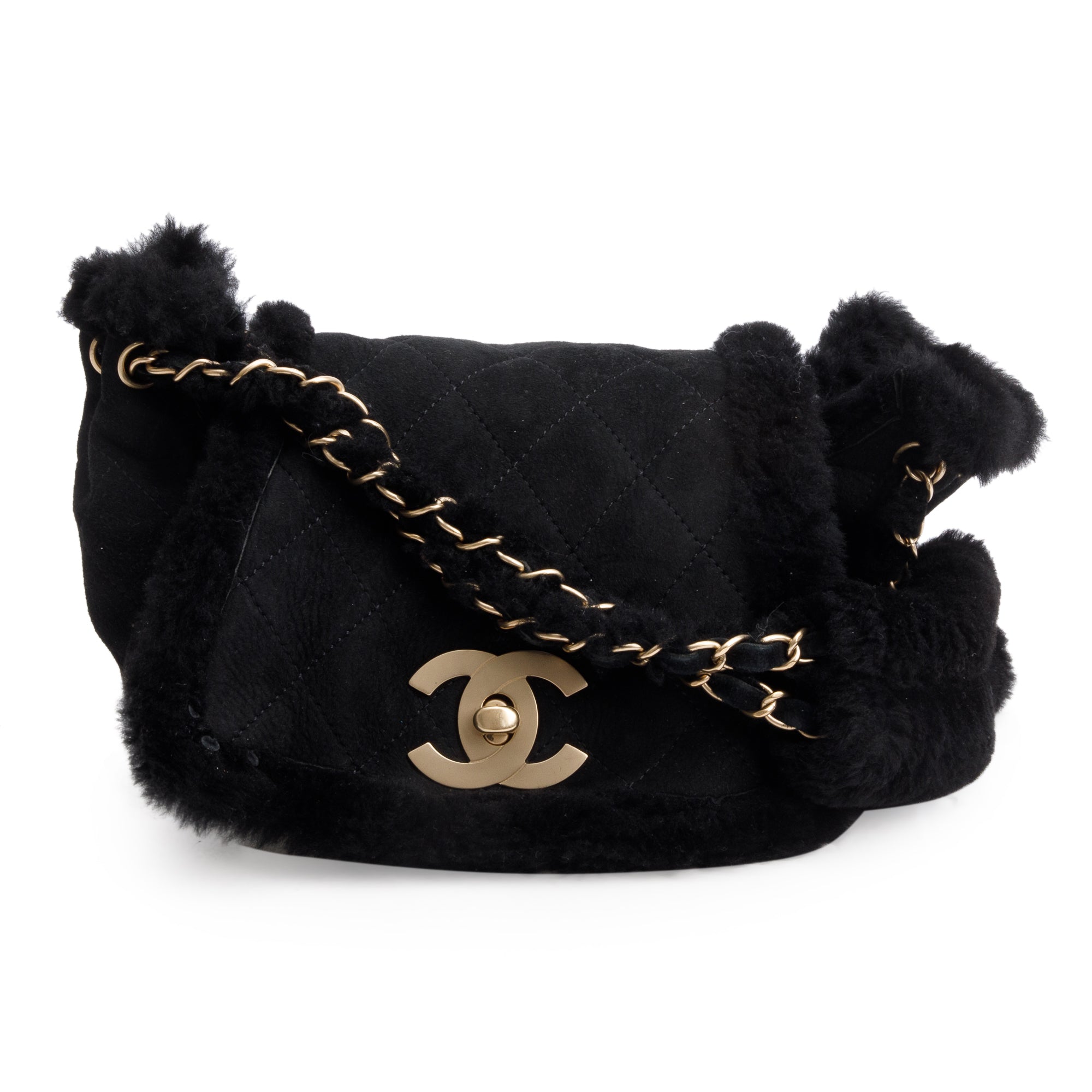 Chanel Black Quilted Nubuck Shearling CC Flap Bag