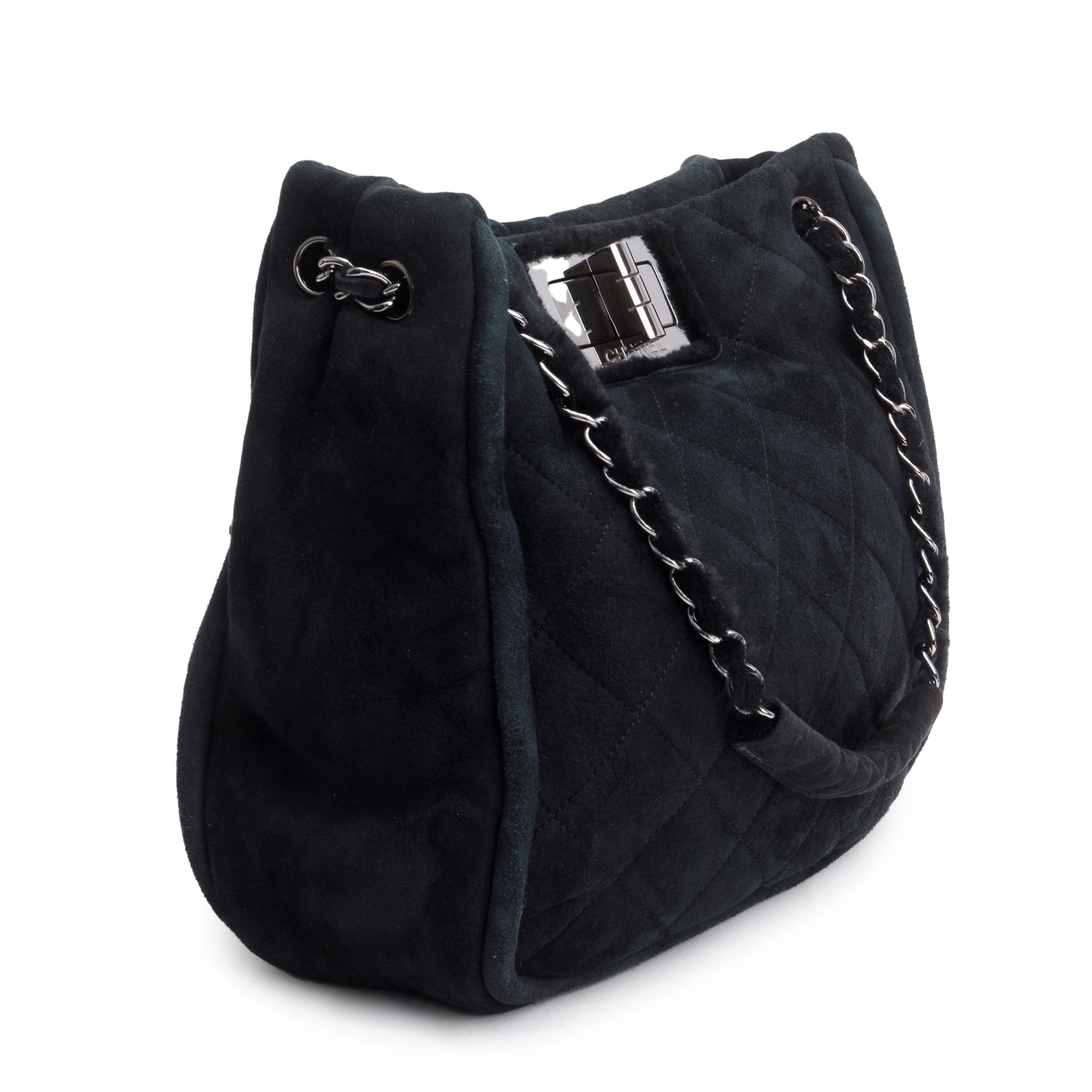 Chanel Black Quilted Nubuck Shearling Medium Reissue Tote