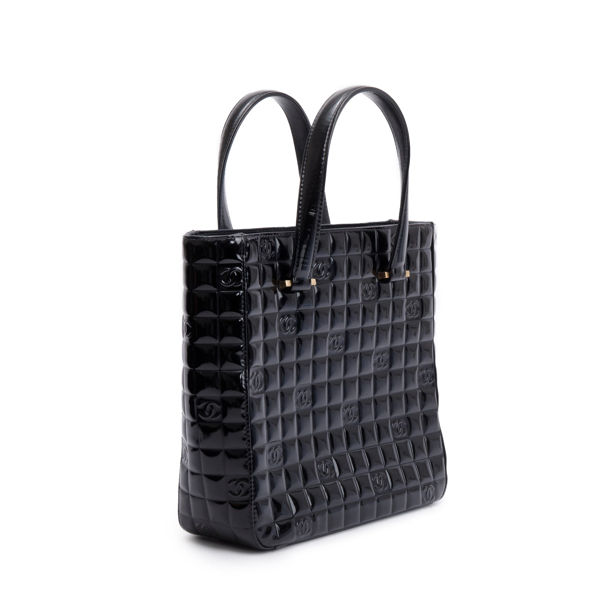 Chanel Black Quilted Patent Leather Chocolate Bar CC Tote Bag