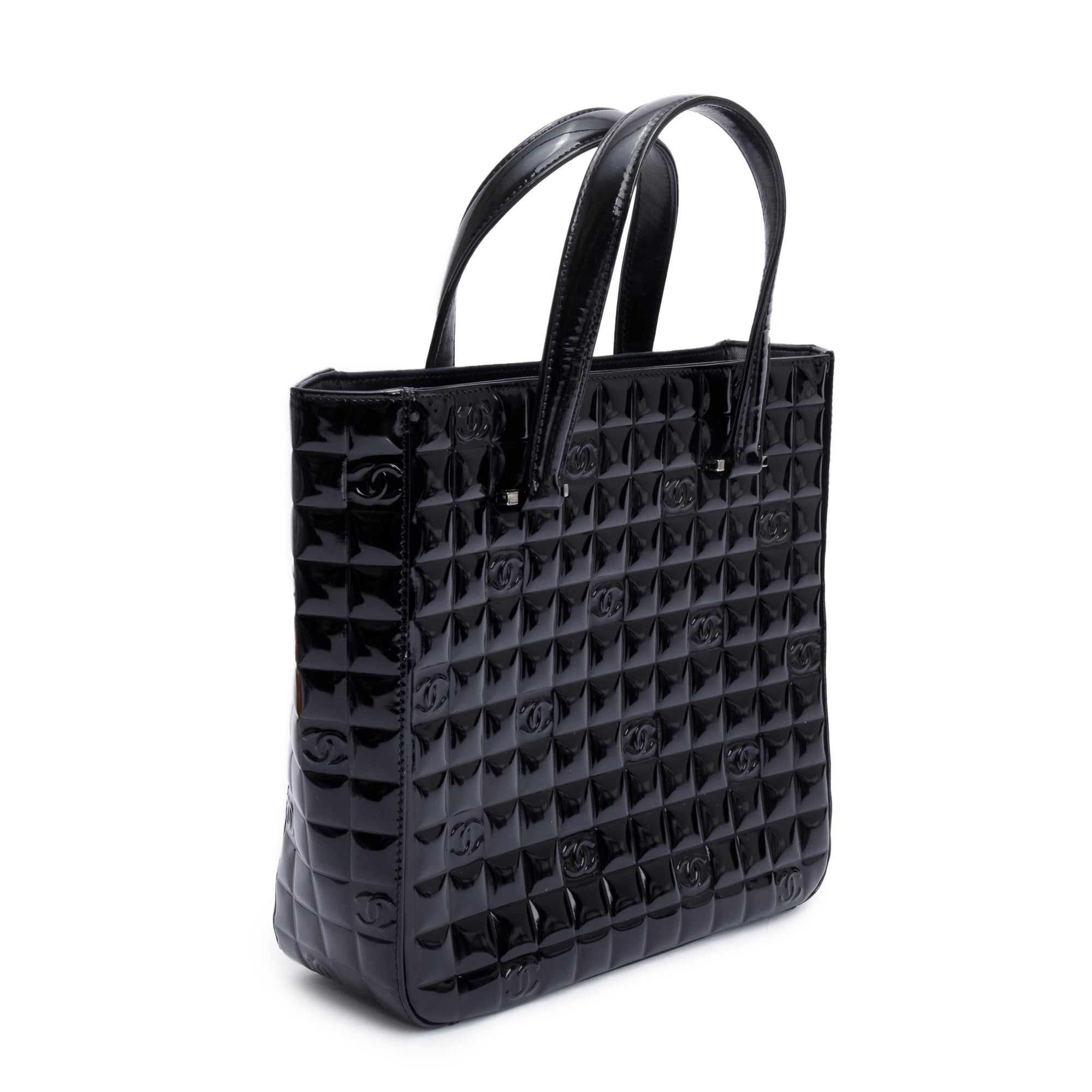 Chanel Black Quilted Patent Leather Chocolate Bar CC Tote Bag