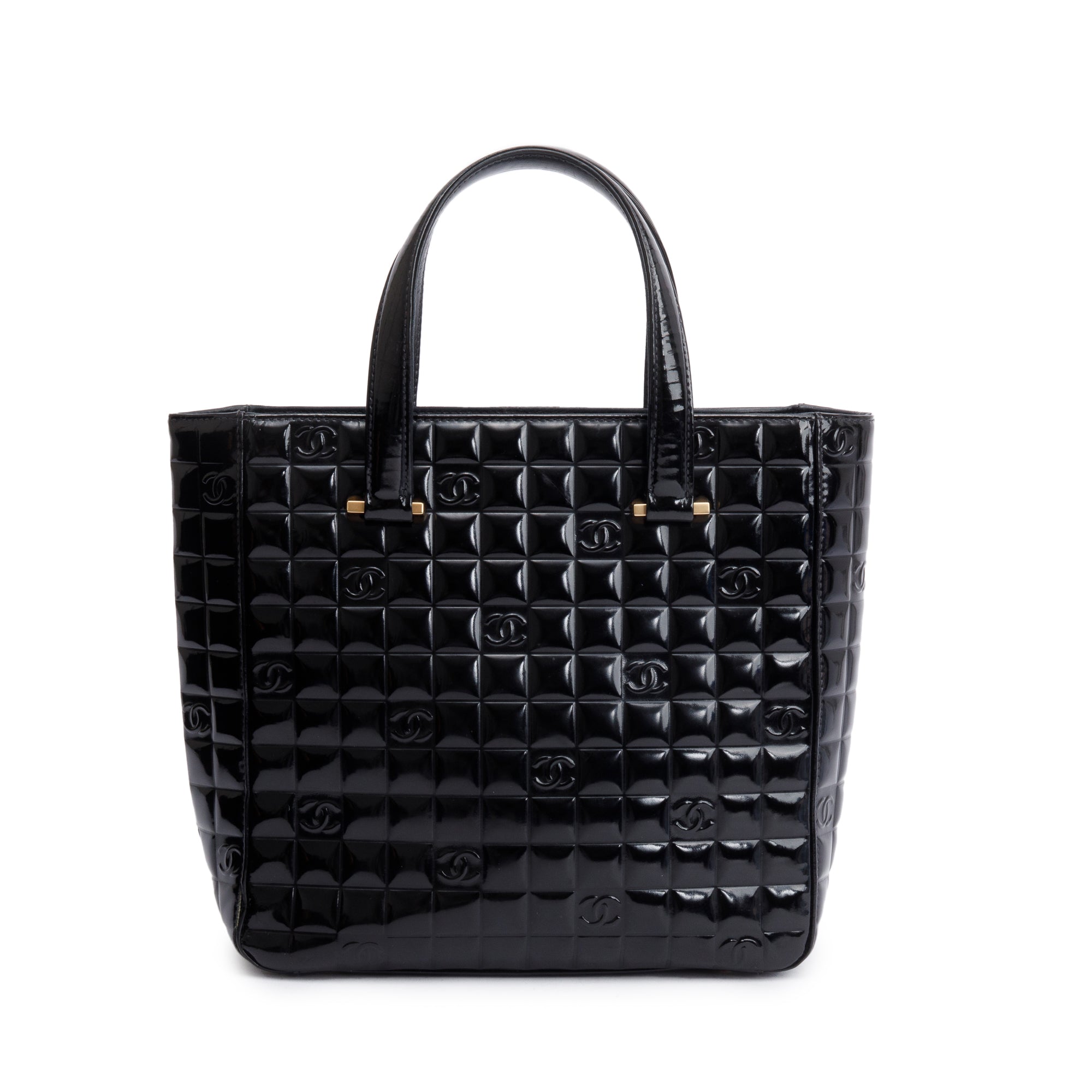 Chanel Black Quilted Patent Leather Chocolate Bar CC Tote Bag