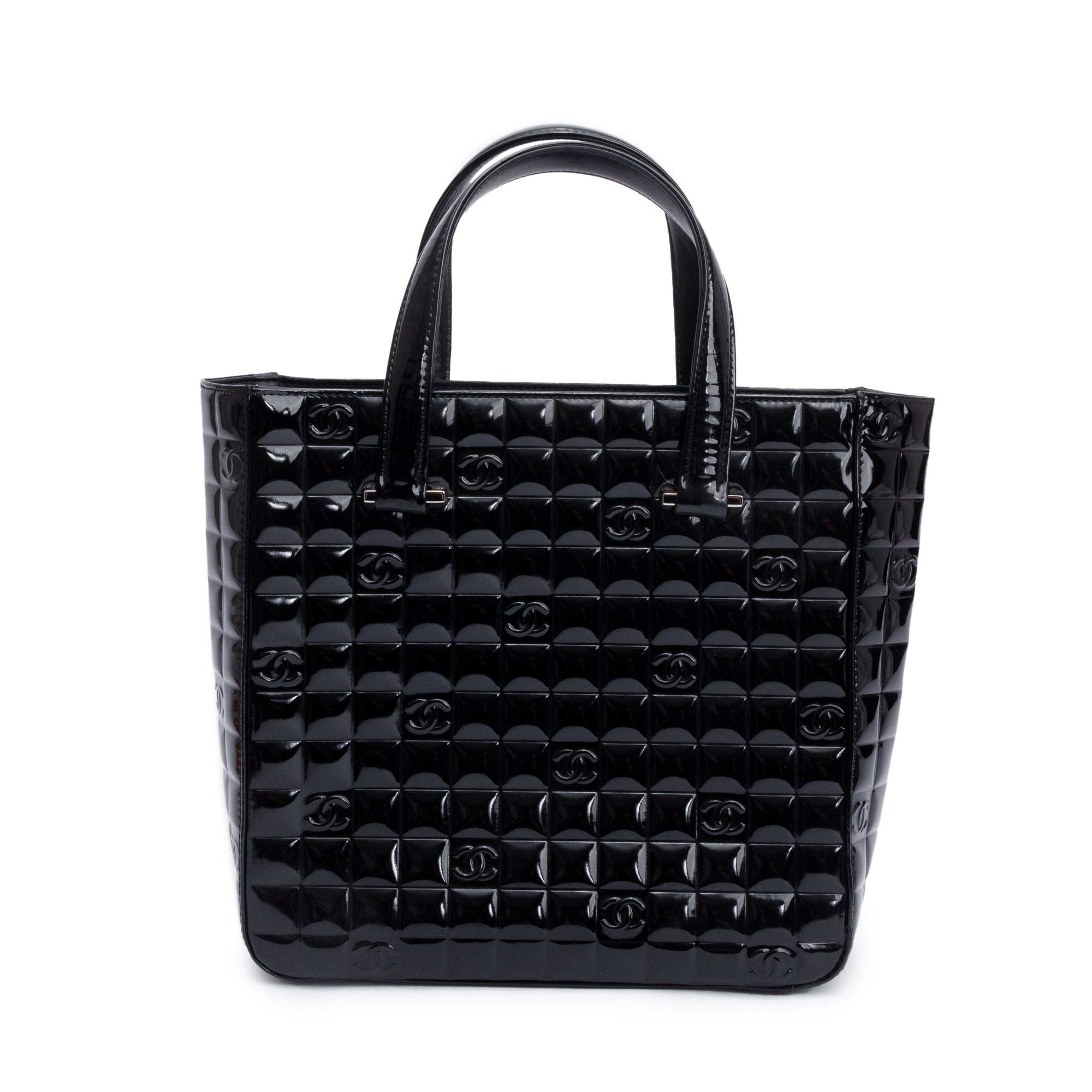 Chanel Black Quilted Patent Leather Chocolate Bar CC Tote Bag