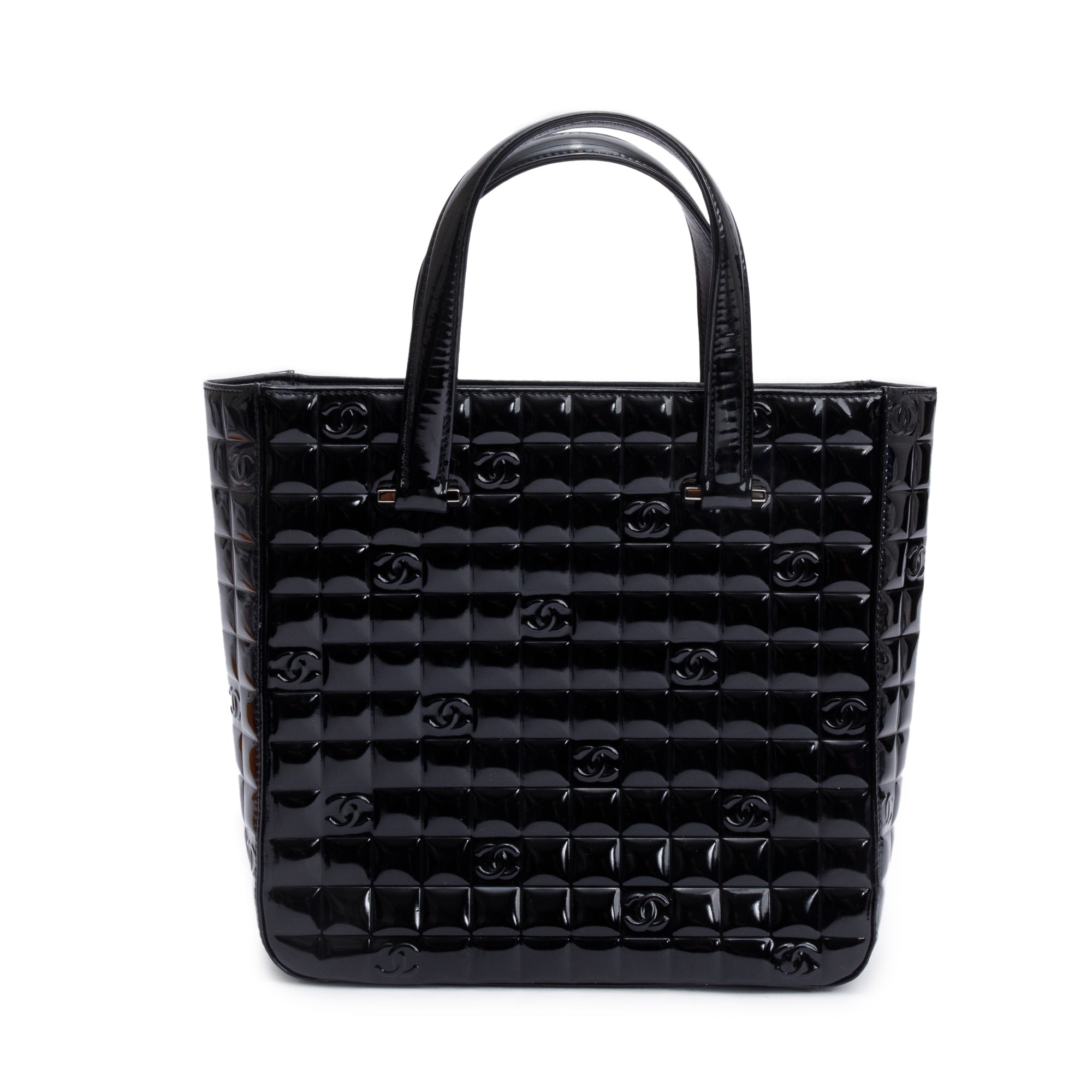 Chanel Black Quilted Patent Leather Chocolate Bar CC Tote Bag