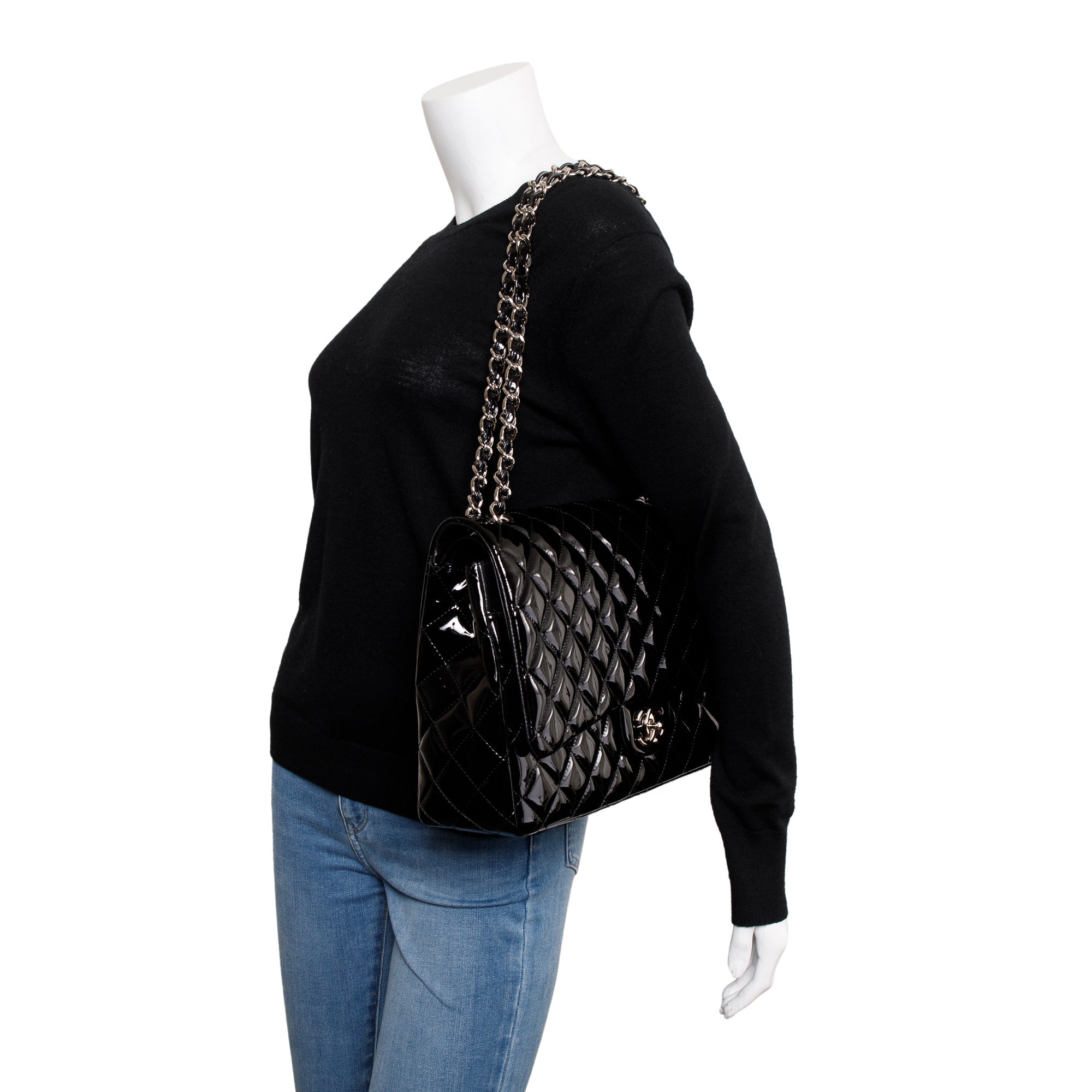 Chanel Black Quilted Patent Leather Classic Maxi Double Flap Bag w/ Box & Authenticity Card