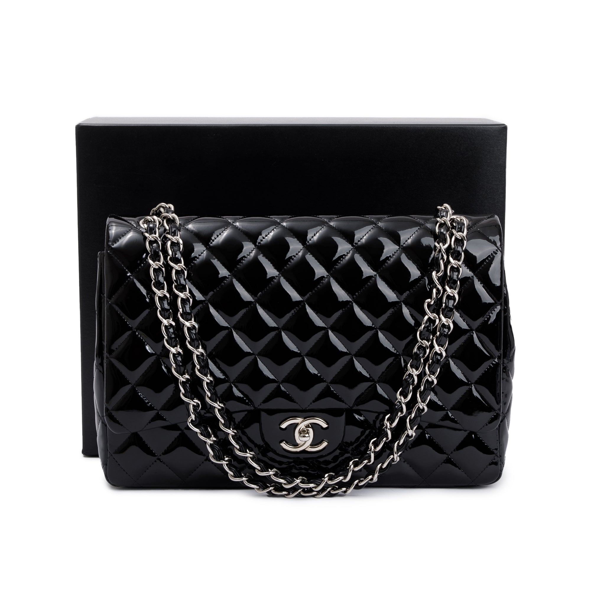 Chanel Black Quilted Patent Leather Classic Maxi Double Flap Bag w/ Box & Authenticity Card