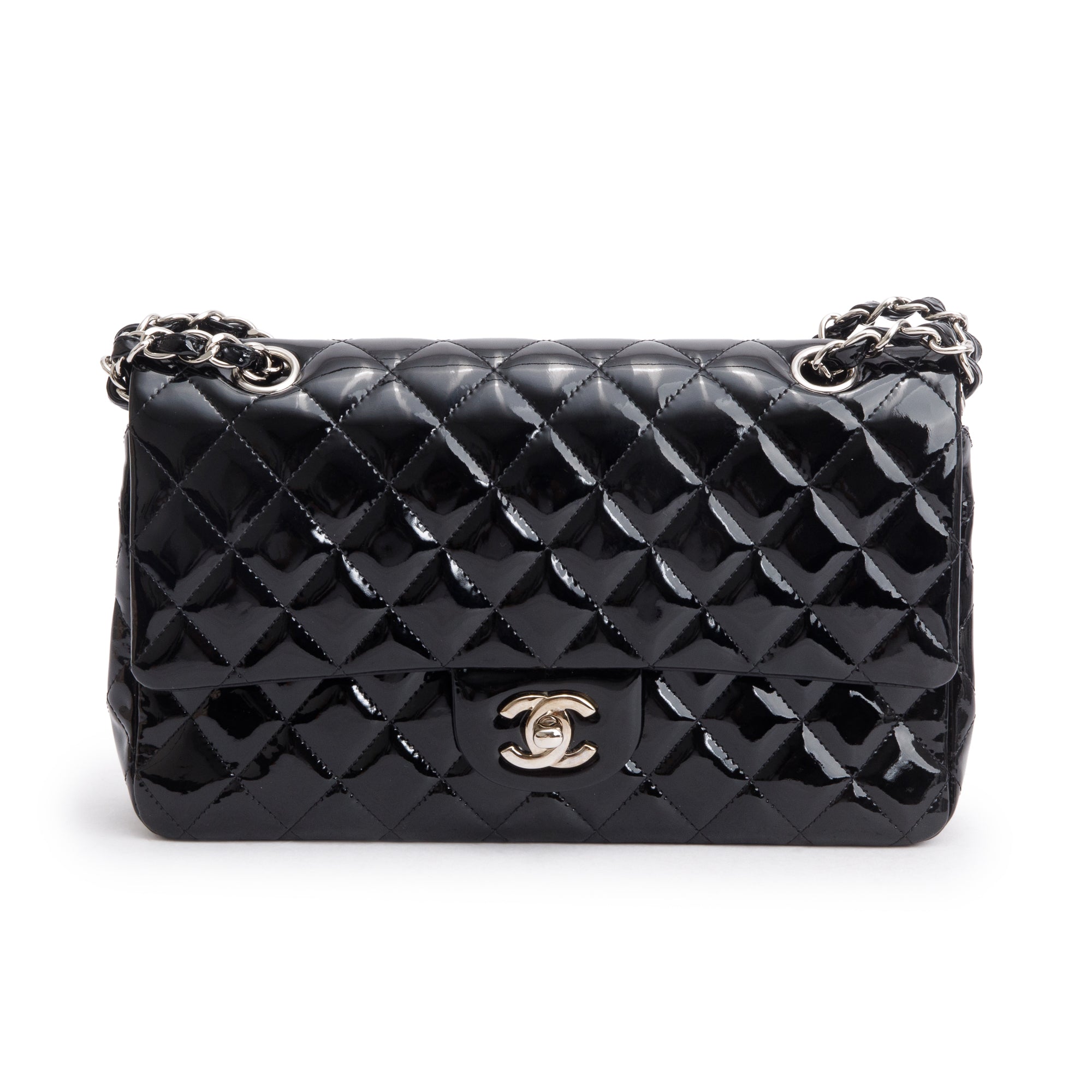 Chanel Black Quilted Patent Leather Classic Medium Double Flap Bag