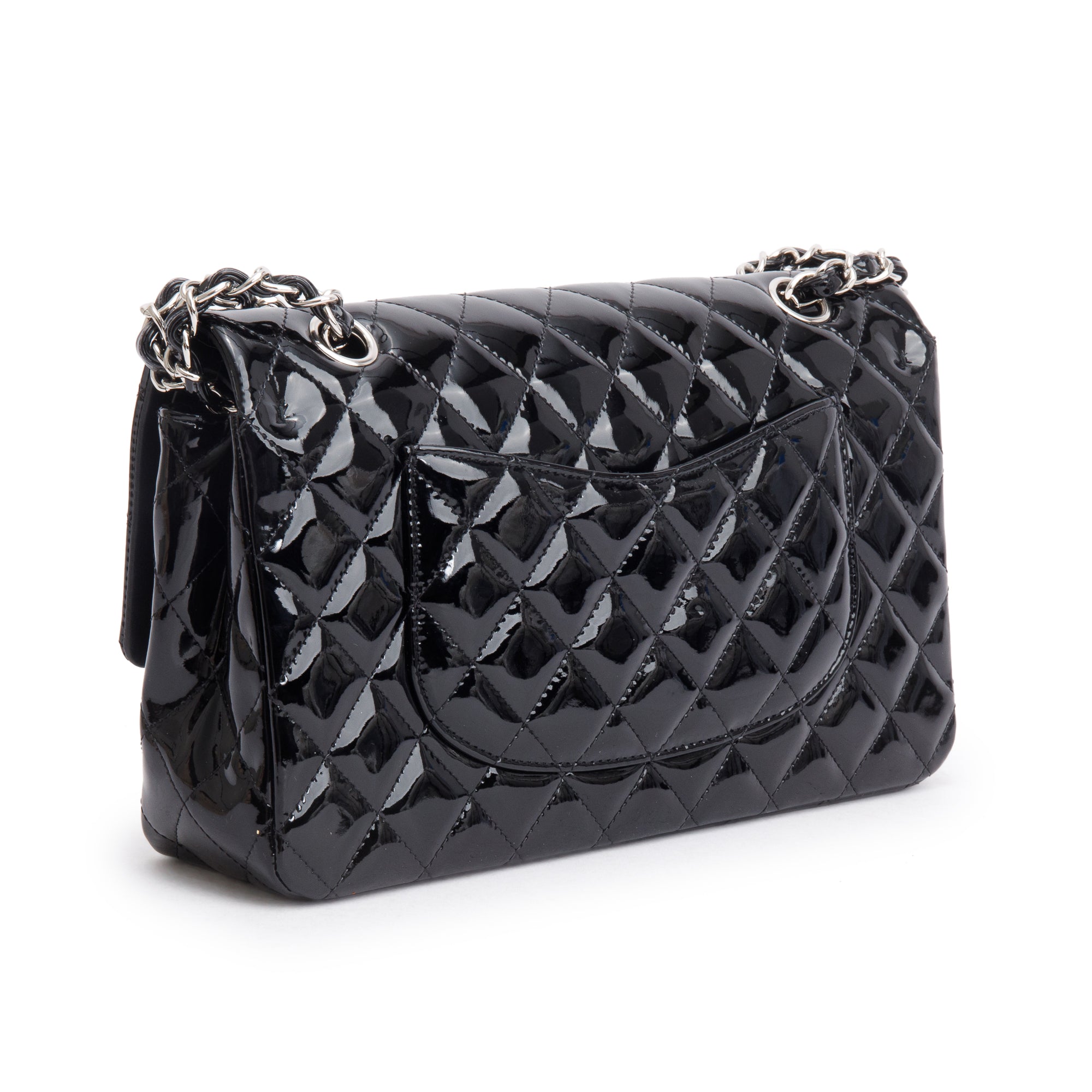 Chanel Black Quilted Patent Leather Classic Medium Double Flap Bag
