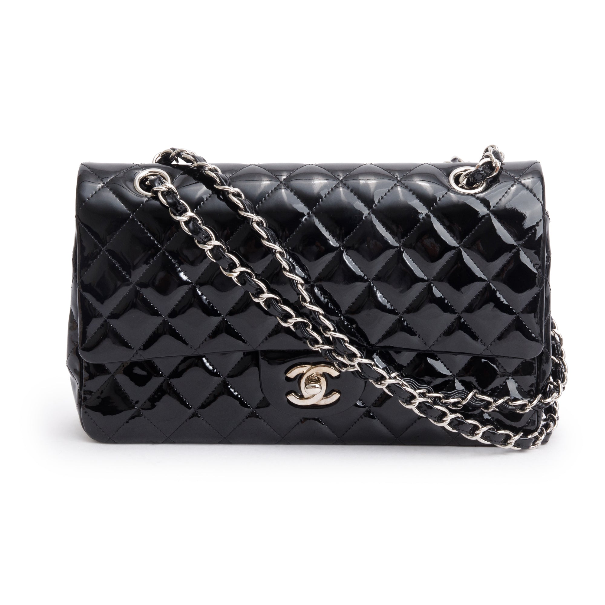 Chanel Black Quilted Patent Leather Classic Medium Double Flap Bag