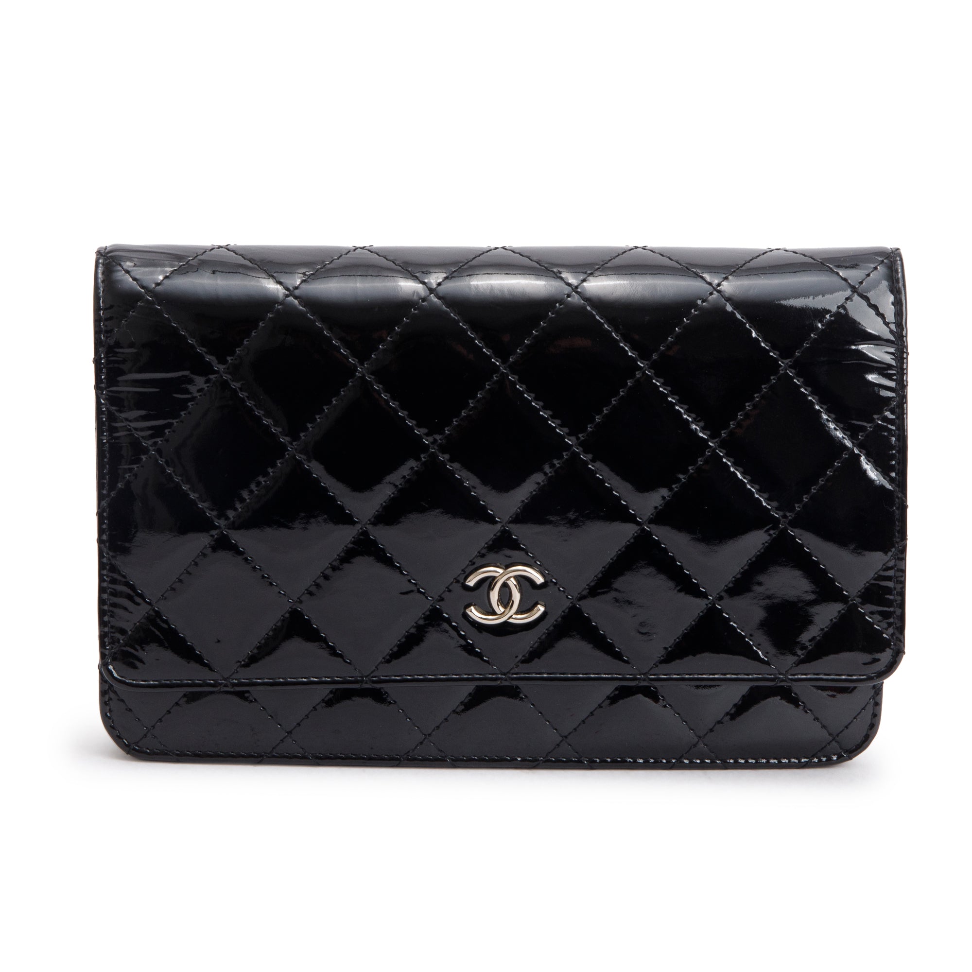Chanel Black Quilted Patent Leather Classic Wallet on Chain