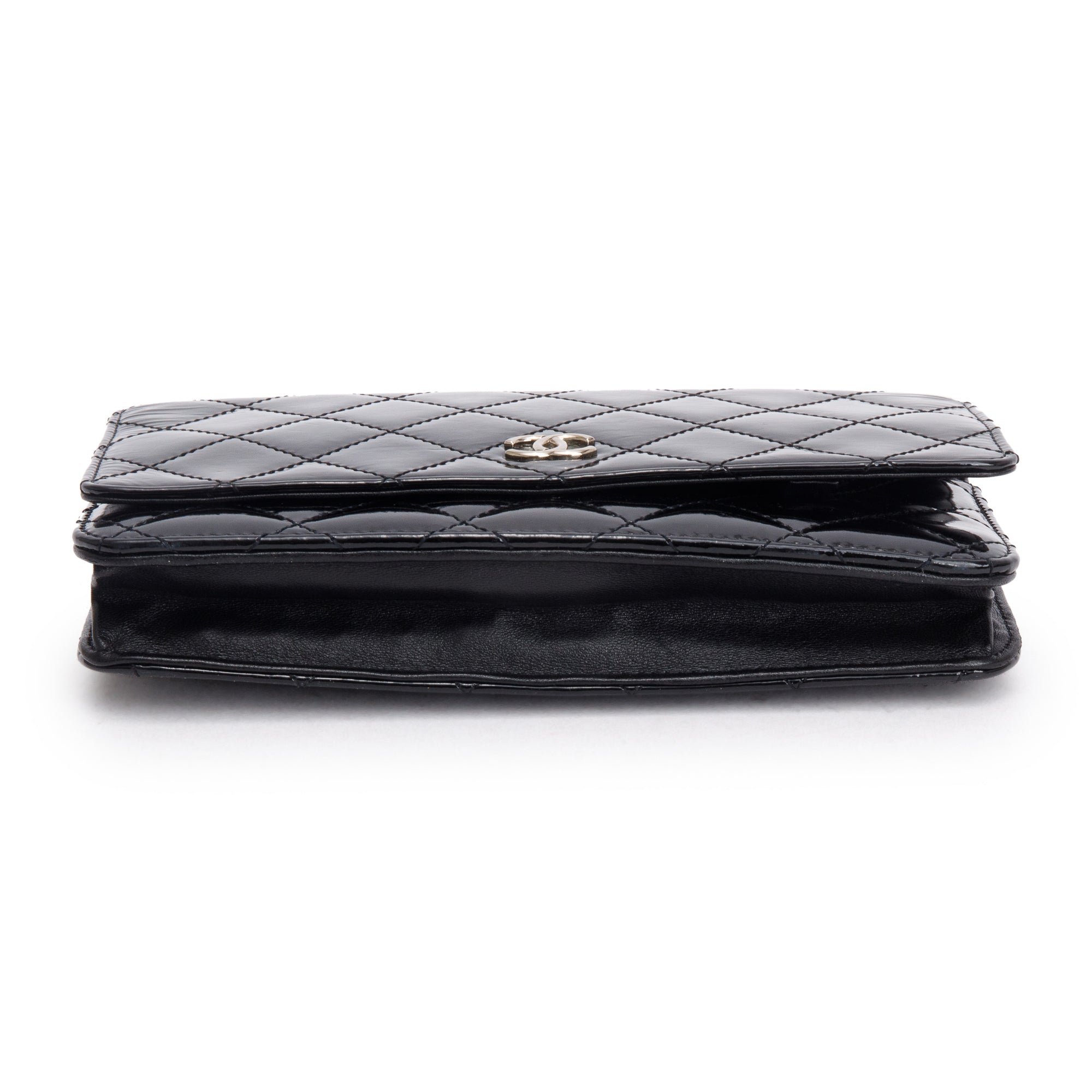 Chanel Black Quilted Patent Leather Classic Wallet on Chain