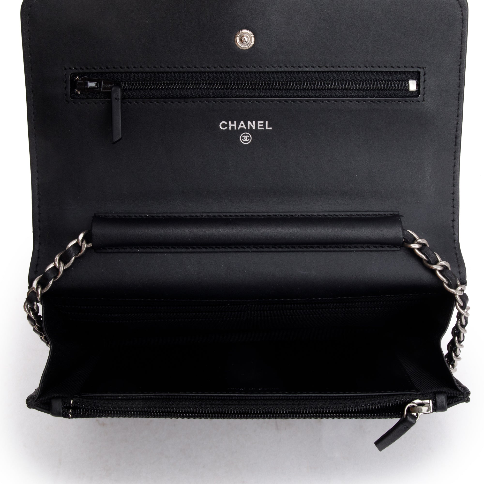 Chanel Black Quilted Patent Leather Classic Wallet on Chain w/ Box & Authenticity Card