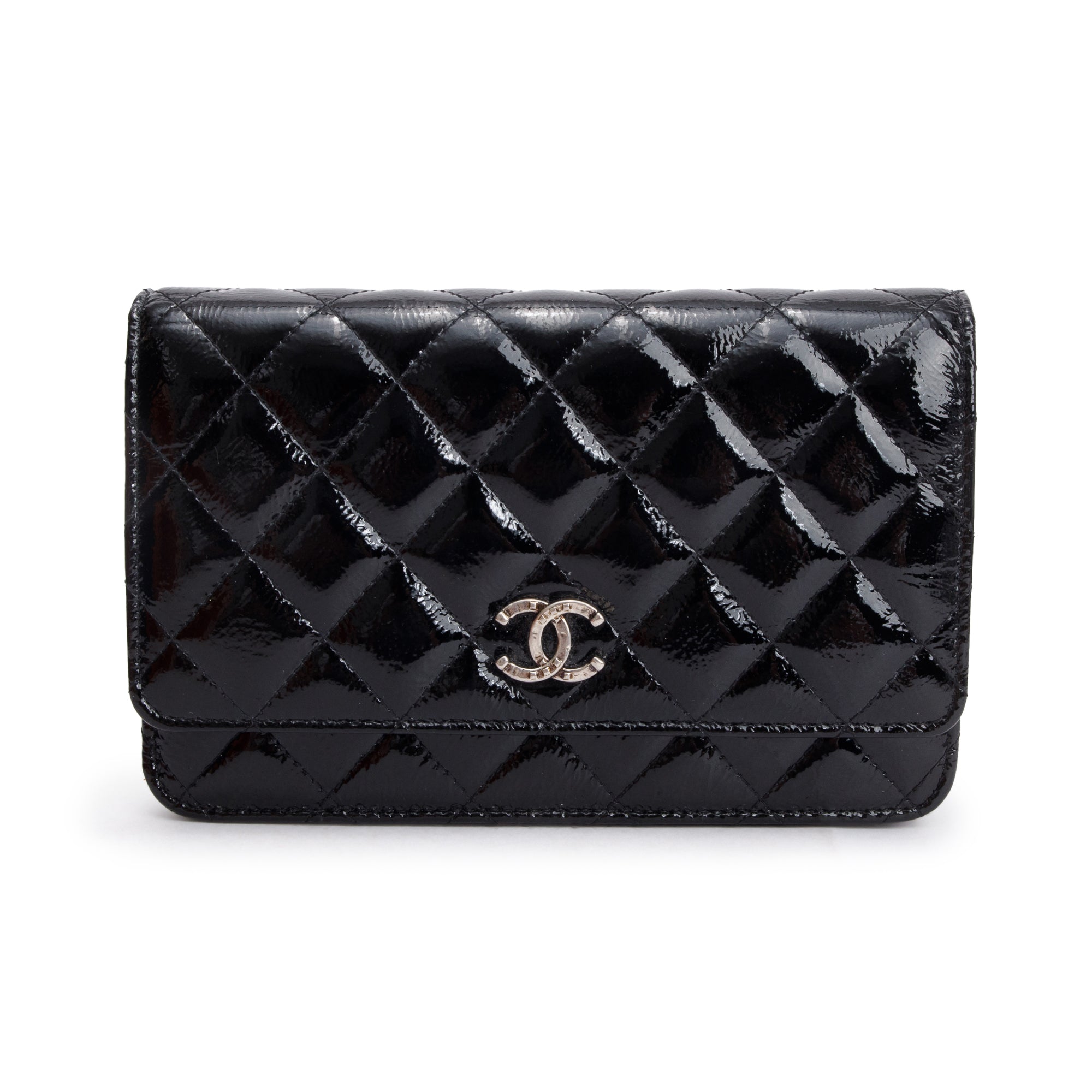 Chanel Black Quilted Patent Leather Classic Wallet on Chain w/ Box & Authenticity Card