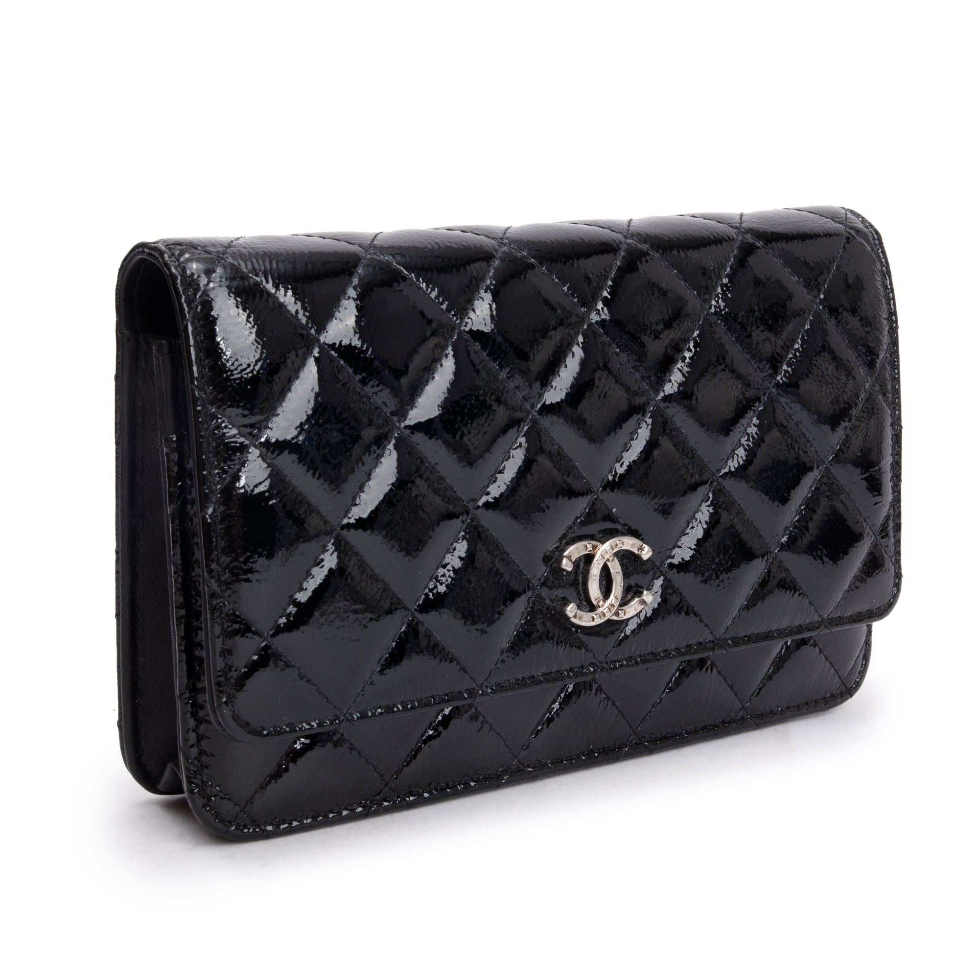 Chanel Black Quilted Patent Leather Classic Wallet on Chain w/ Box & Authenticity Card