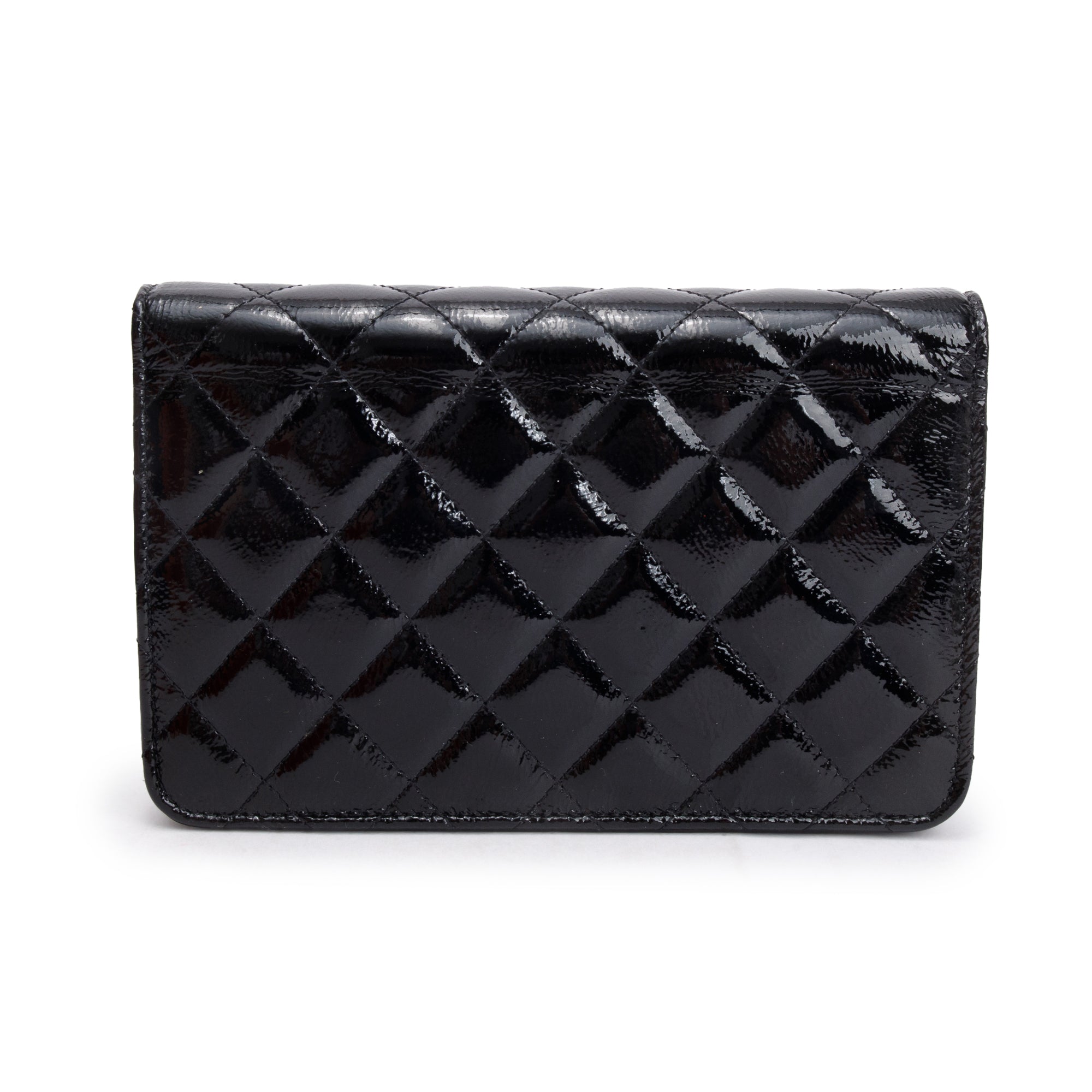Chanel Black Quilted Patent Leather Classic Wallet on Chain w/ Box & Authenticity Card