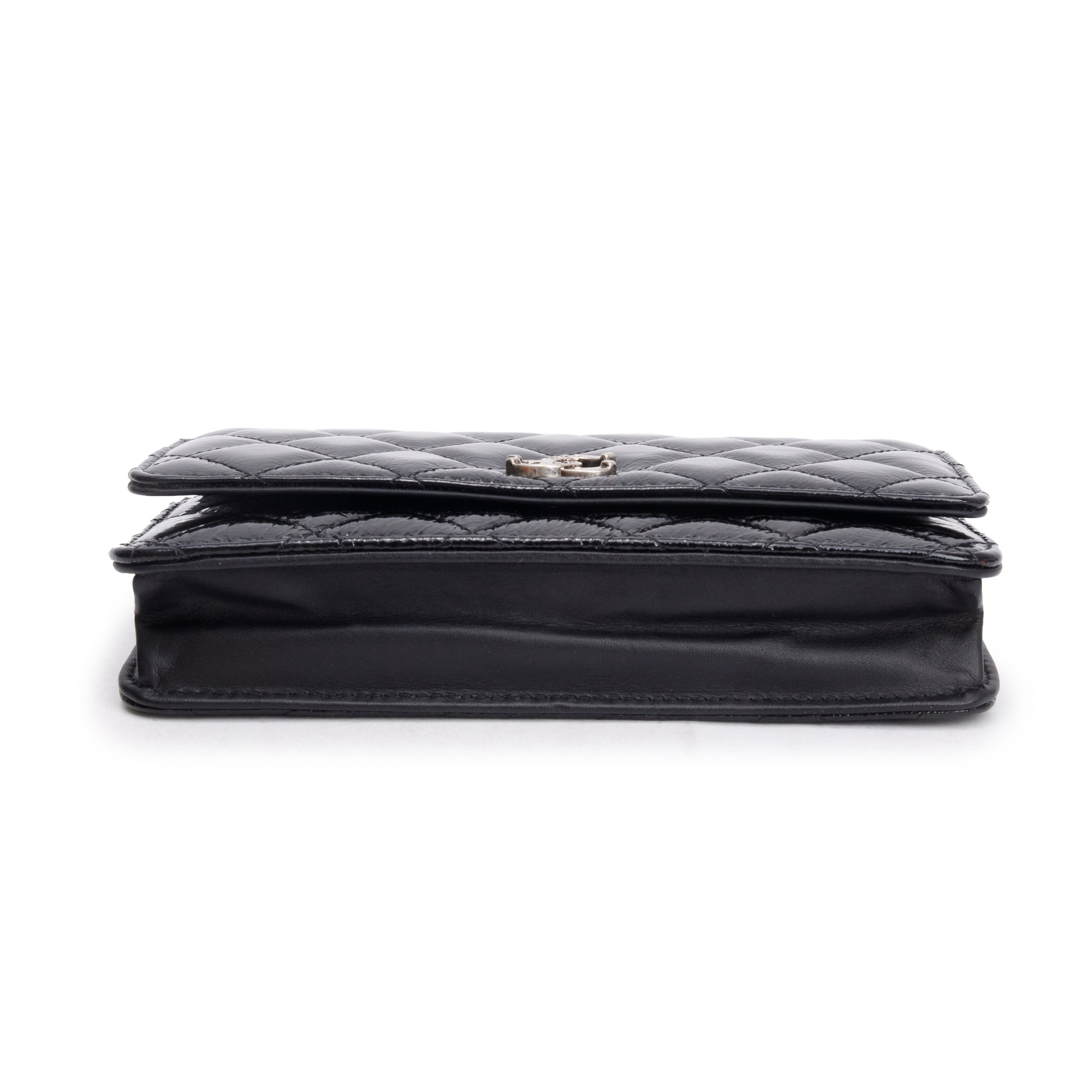 Chanel Black Quilted Patent Leather Classic Wallet on Chain w/ Box & Authenticity Card