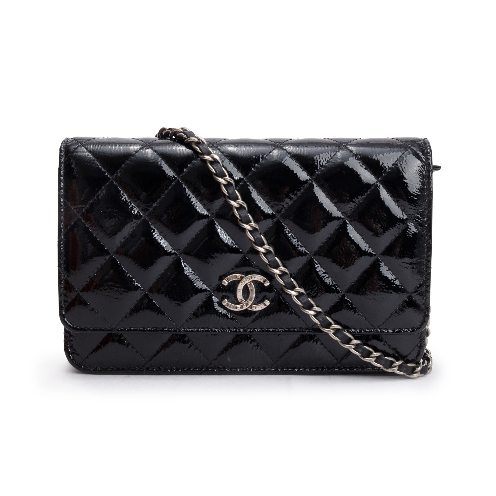 Chanel Black Quilted Patent Leather Classic Wallet on Chain w/ Box & Authenticity Card