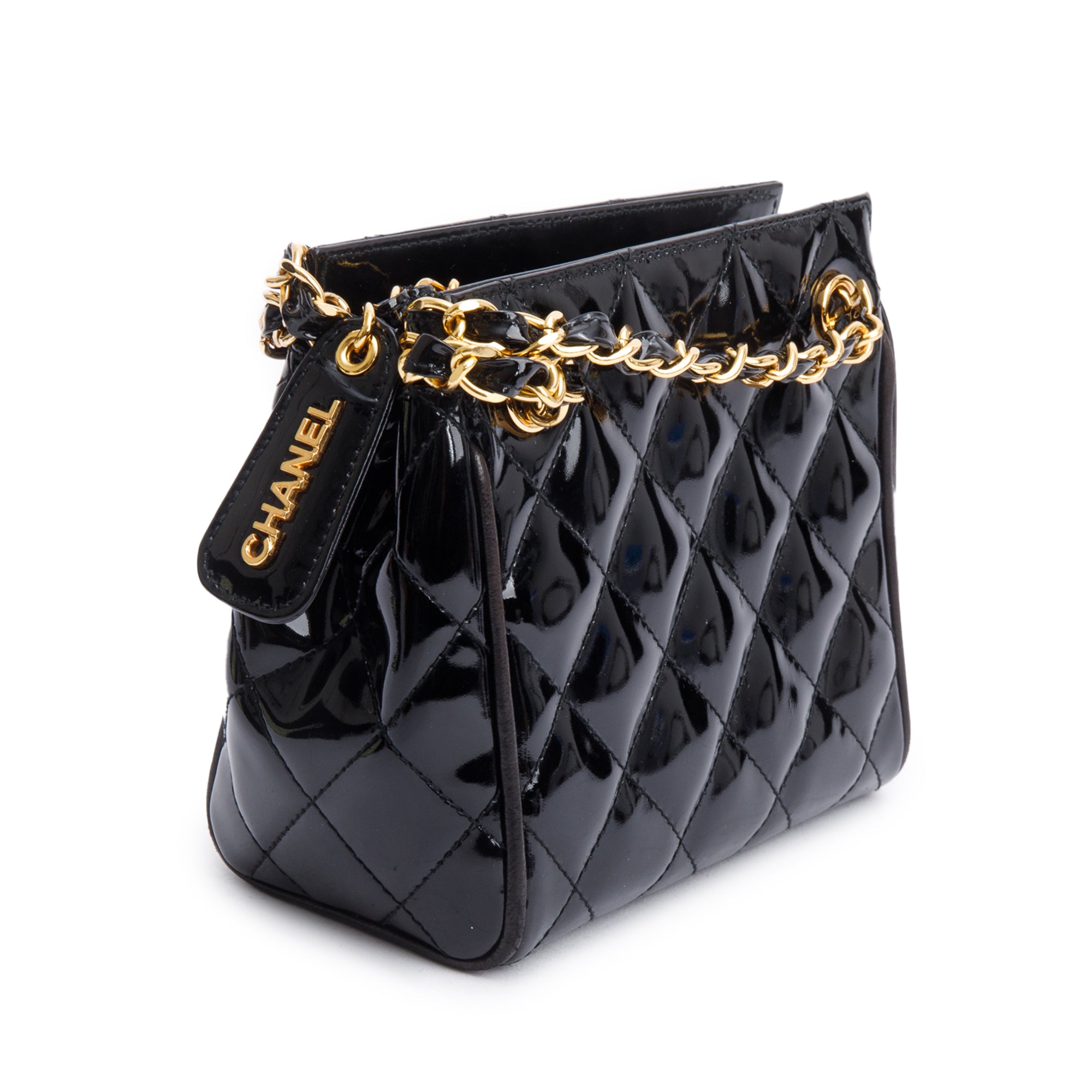 Chanel Black Quilted Patent Leather Mini Tote w/ Box & Authenticity Card