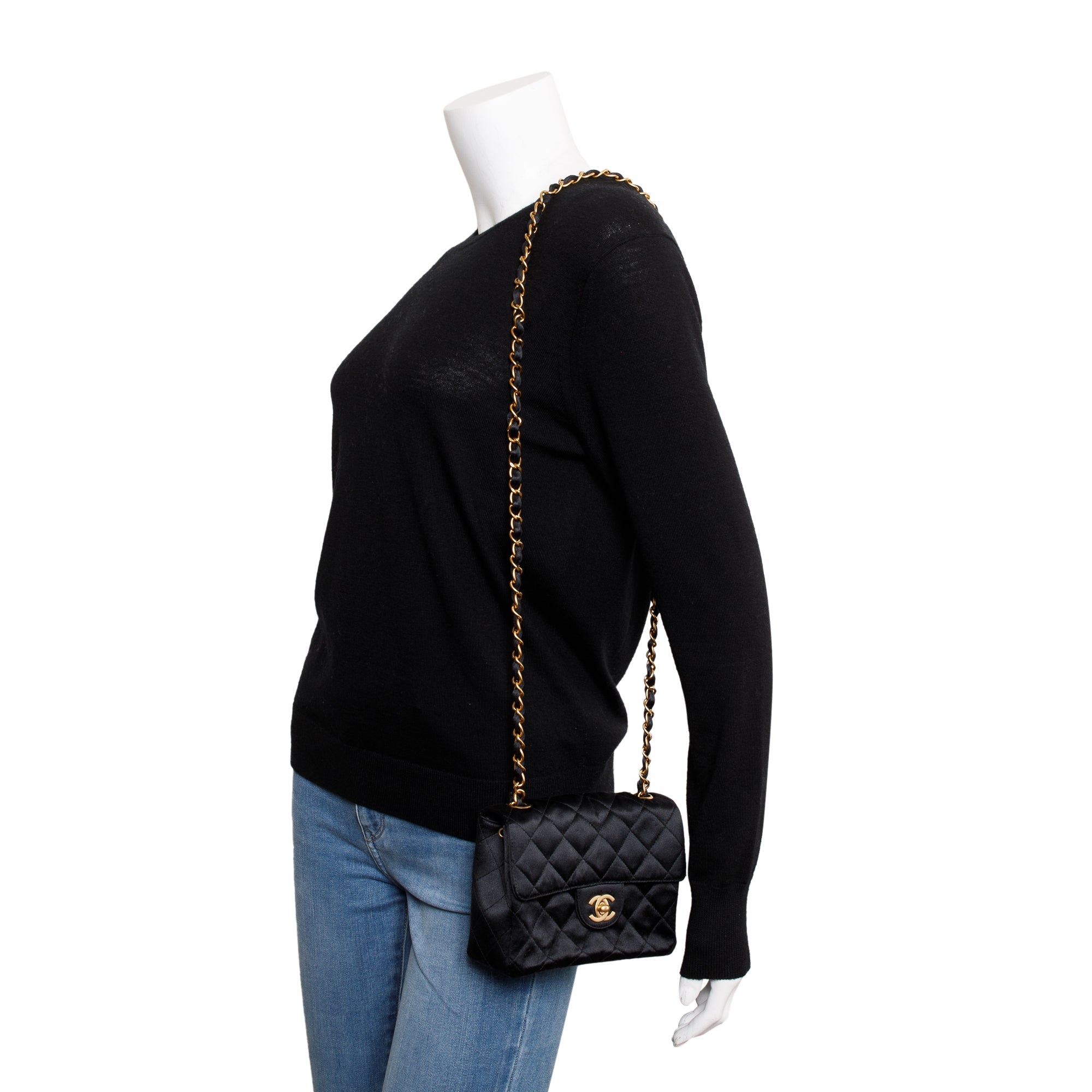 Chanel Black Quilted Satin Classic Square Mini Flap Bag