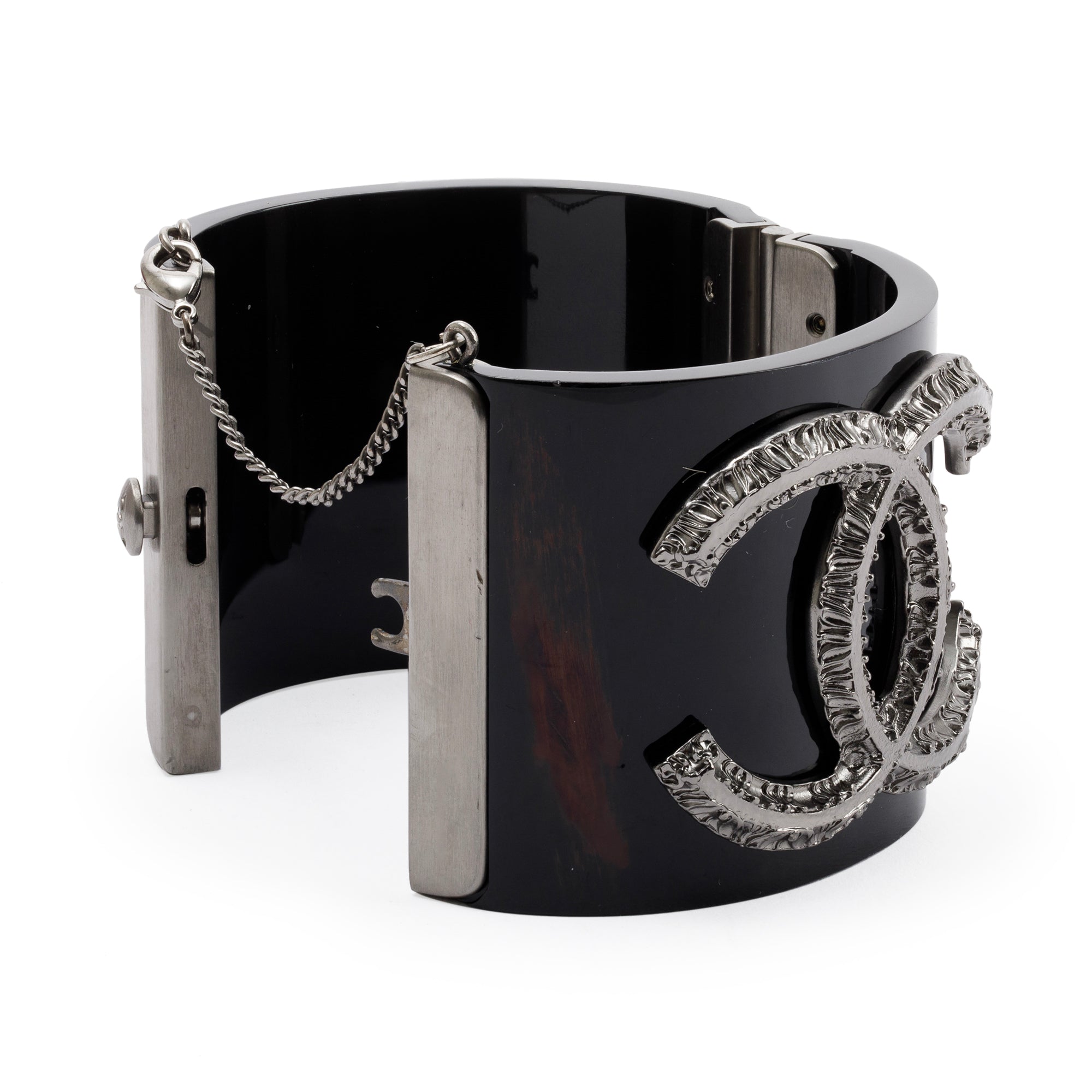 Chanel Black Resin CC Hinged Bangle w/ Box & Receipt