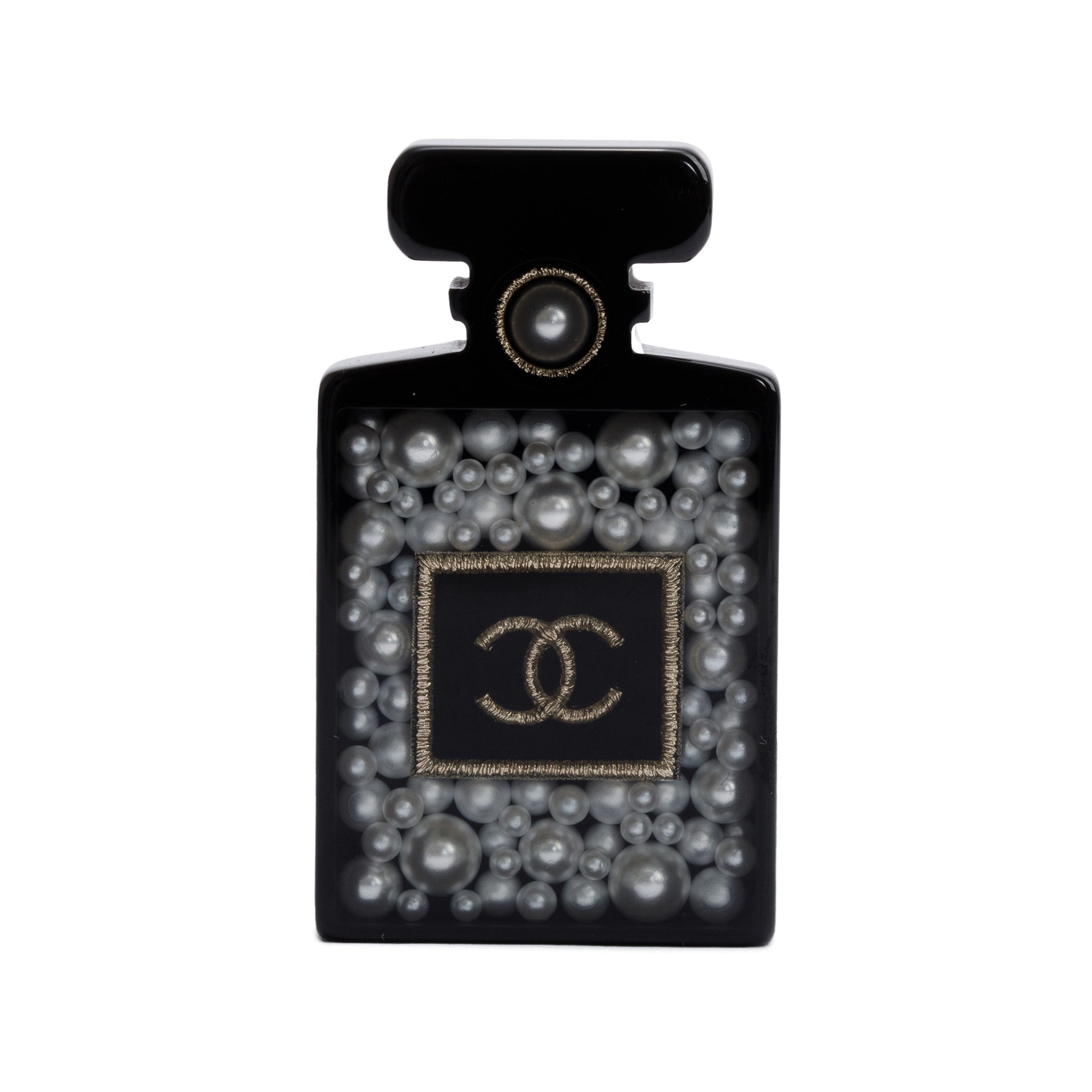 Chanel Black Resin Faux Pearl CC Perfume Bottle Pin Brooch