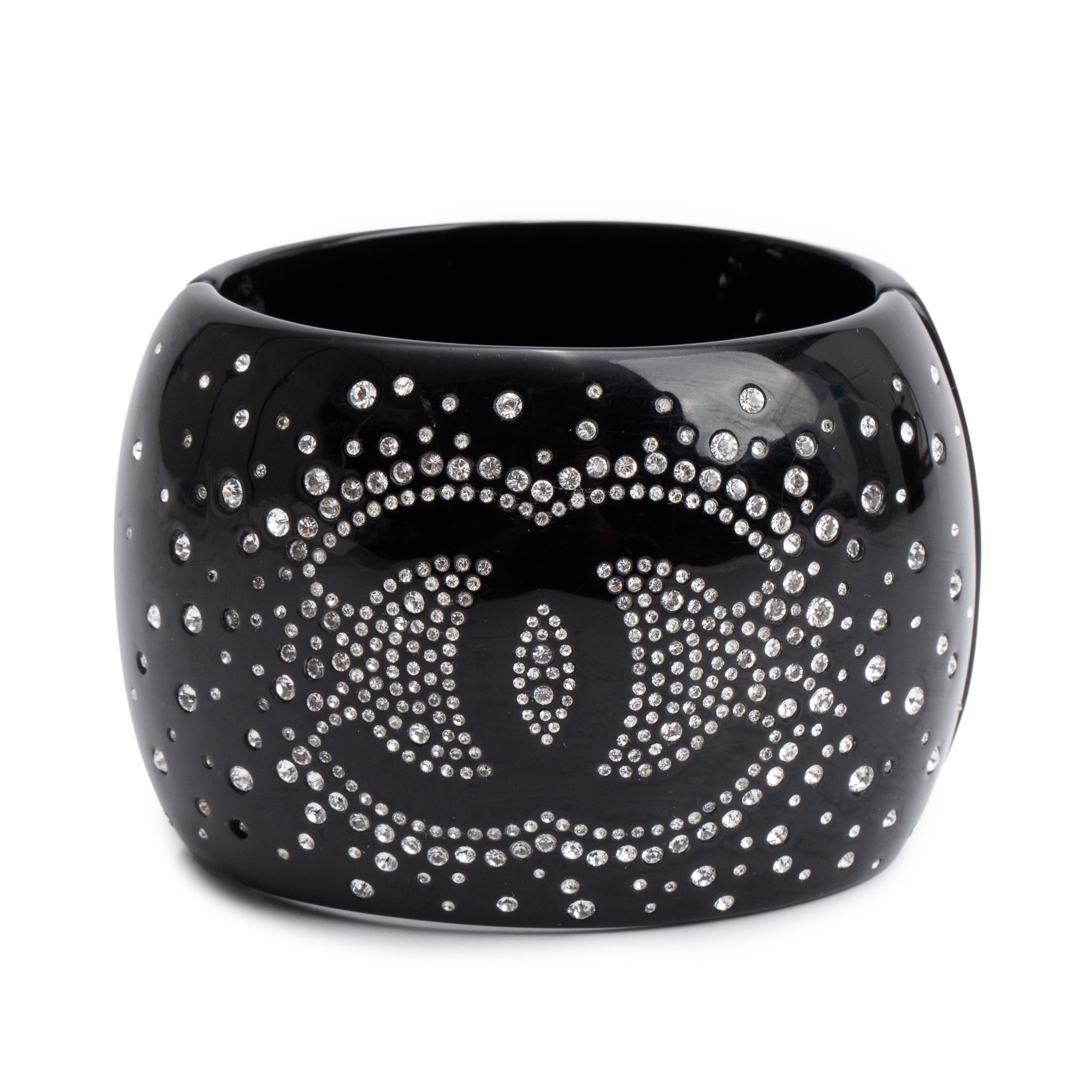 Chanel Black Resin Strass CC Hinged Wide Bangle