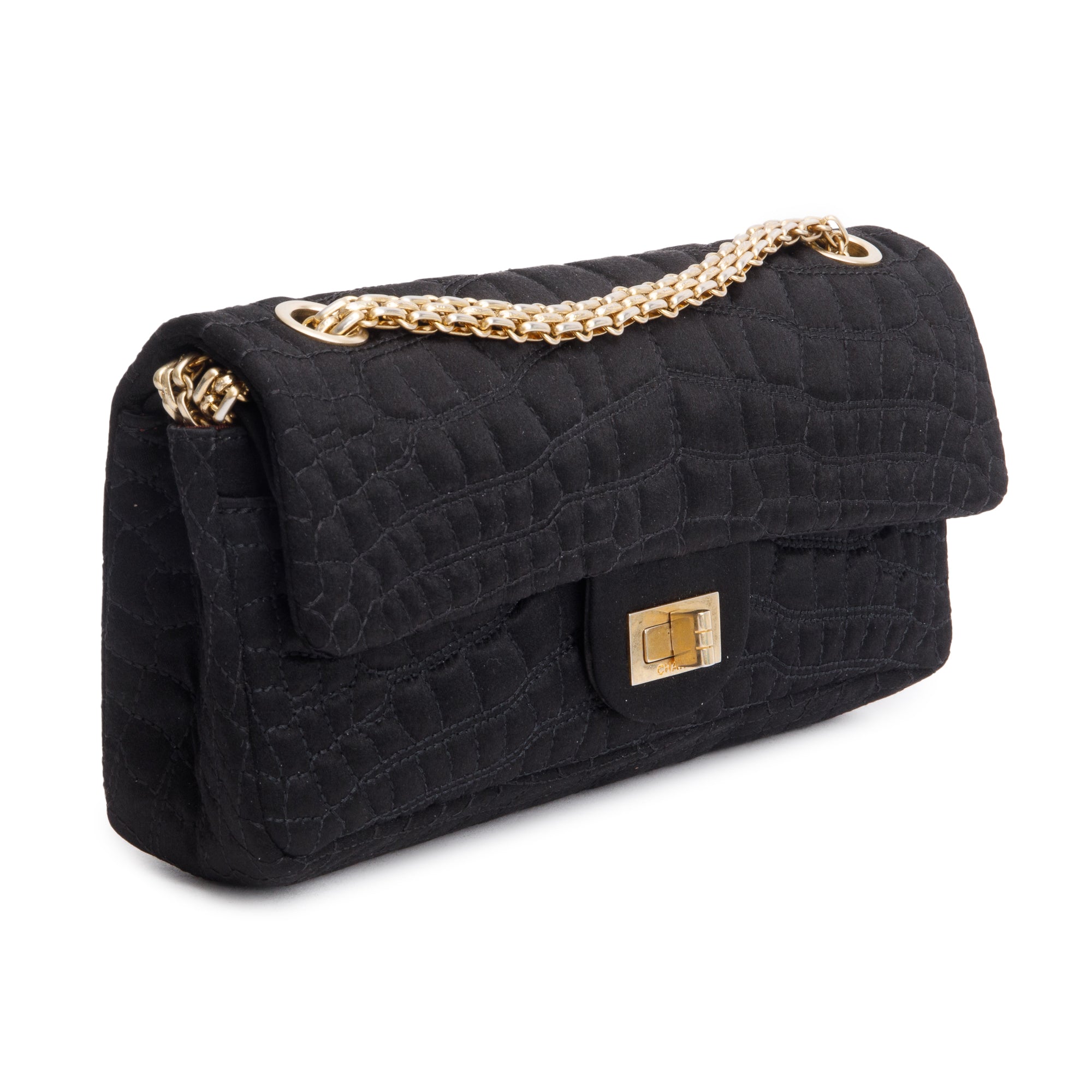 Chanel Black Satin Coco's Croc 2.55 Reissue East/West Double Flap Bag w/ Box