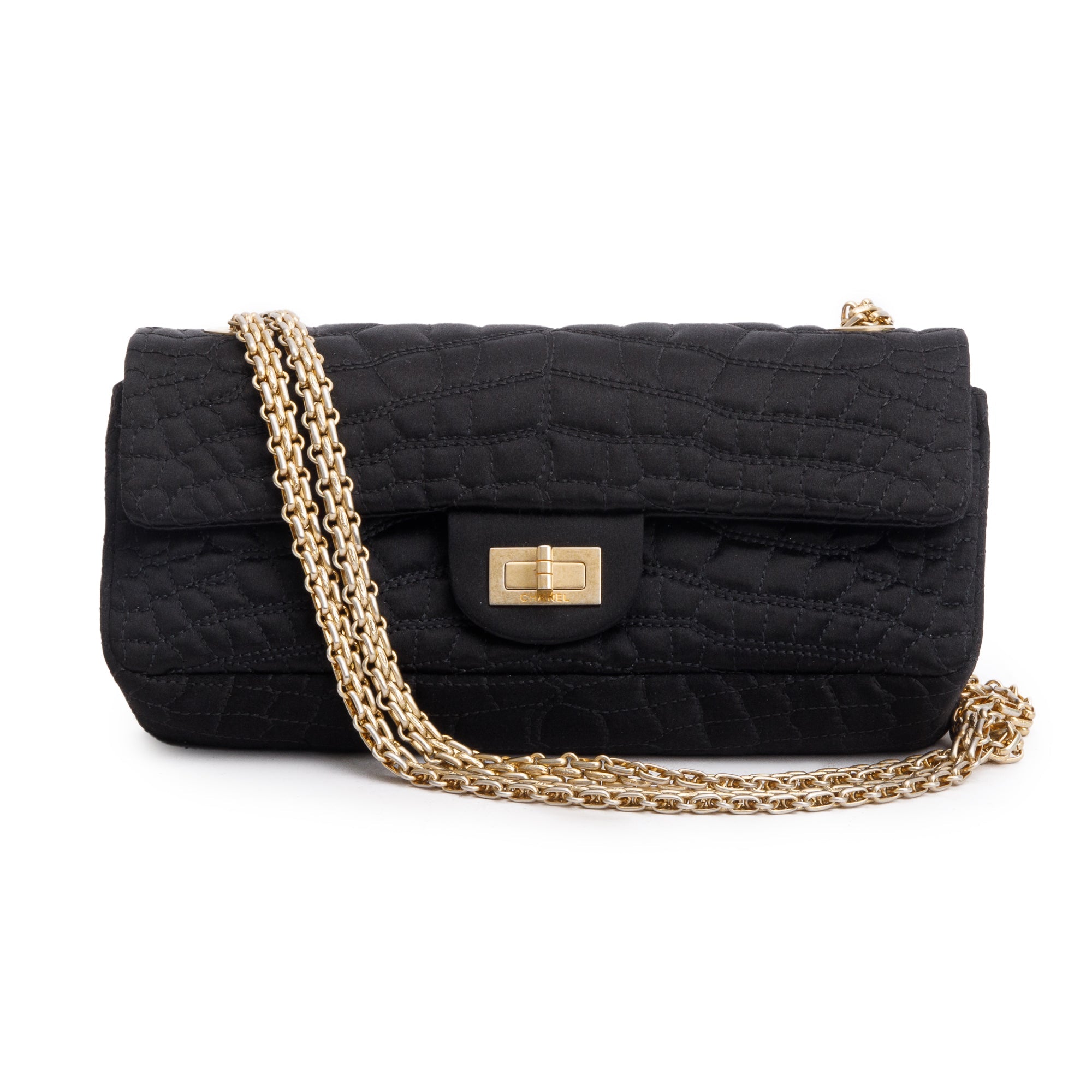 Chanel Black Satin Coco's Croc 2.55 Reissue East/West Double Flap Bag w/ Box