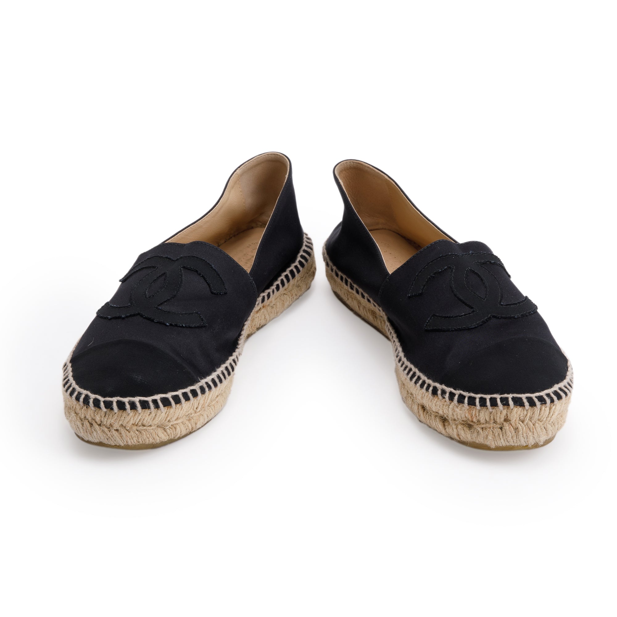 Chanel Black Satin Interlocking CC Logo Espadrilles, Size 39