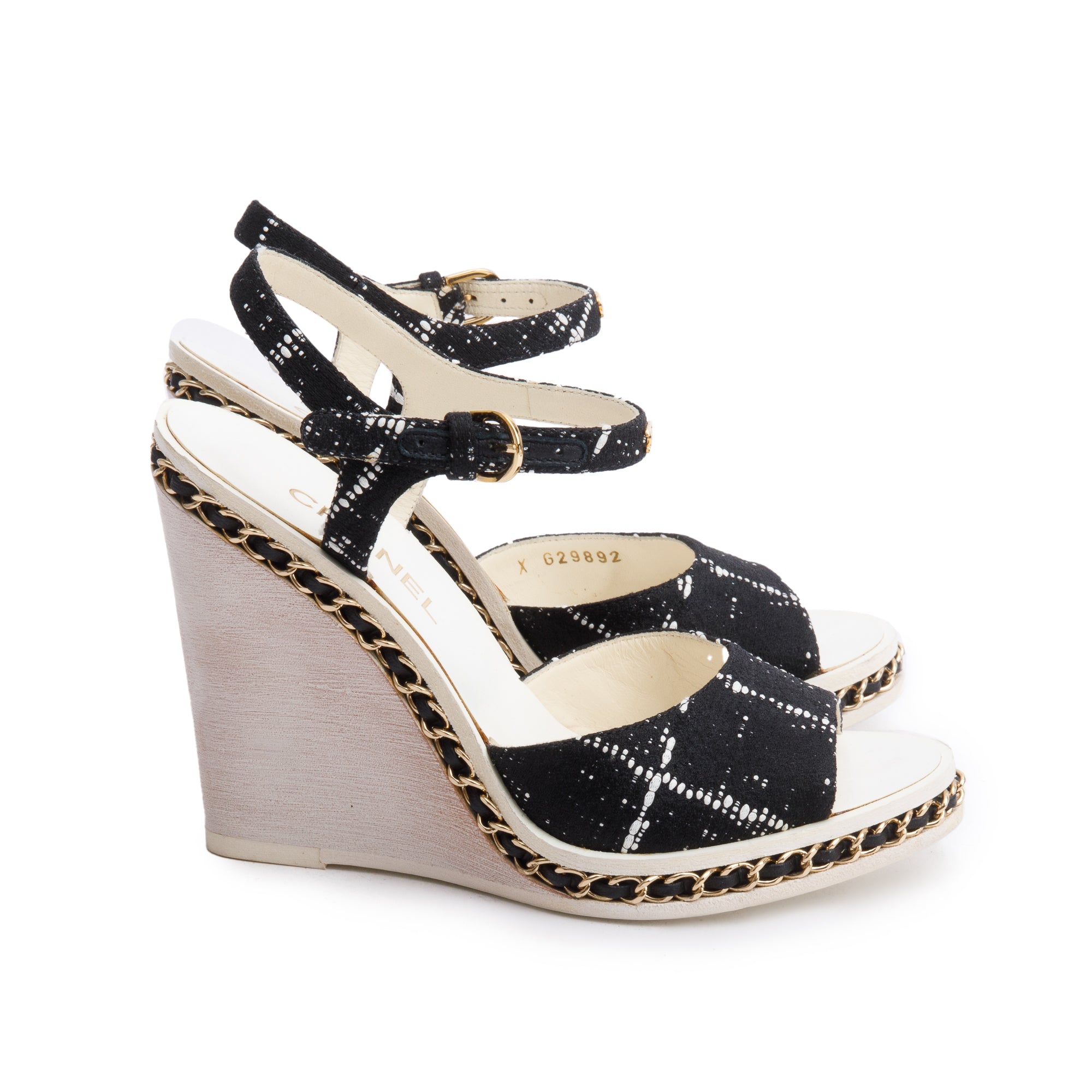 Chanel Black Tweed CC chain Around Slingback Wedge Sandals, Size 36.5