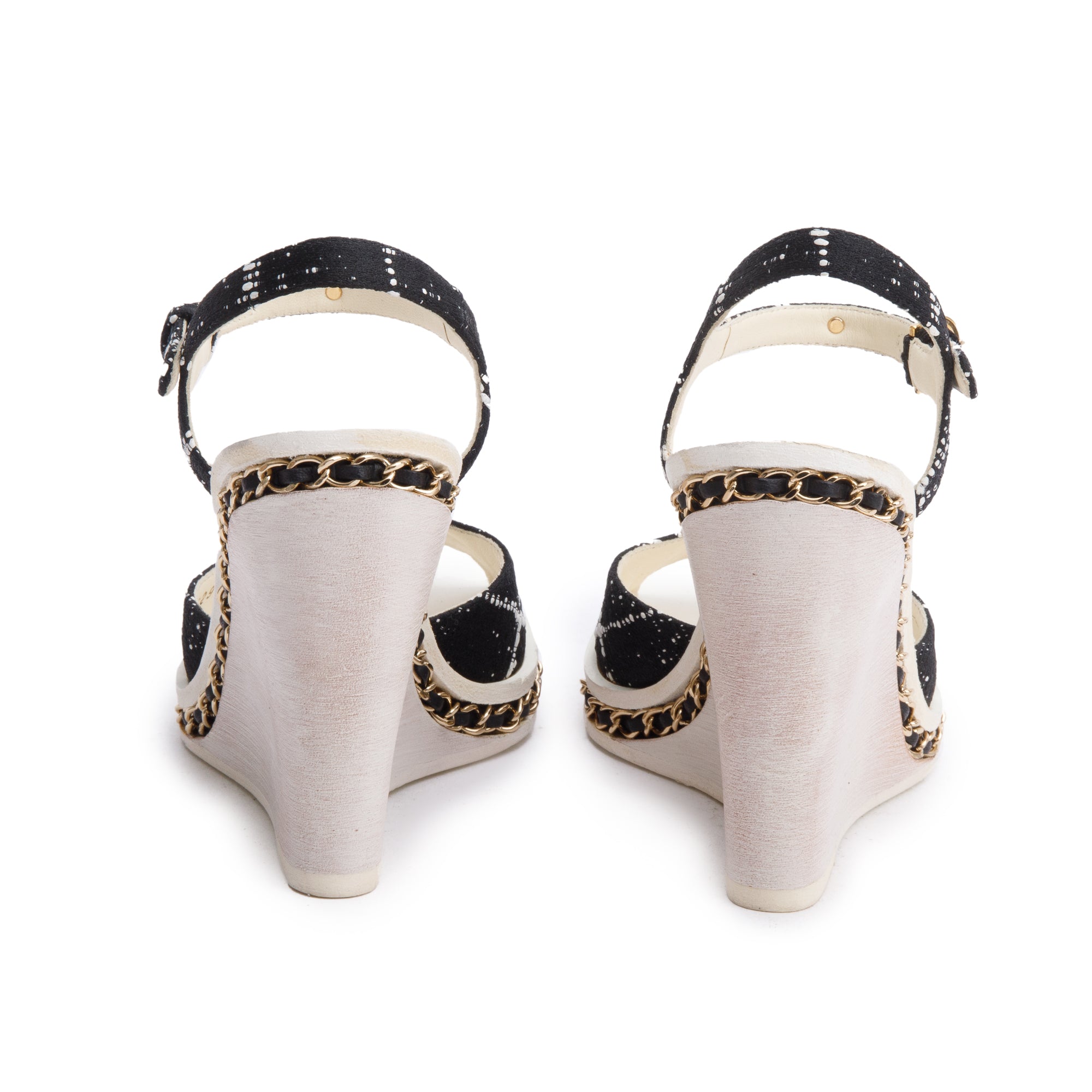 Chanel Black Tweed CC chain Around Slingback Wedge Sandals, Size 36.5