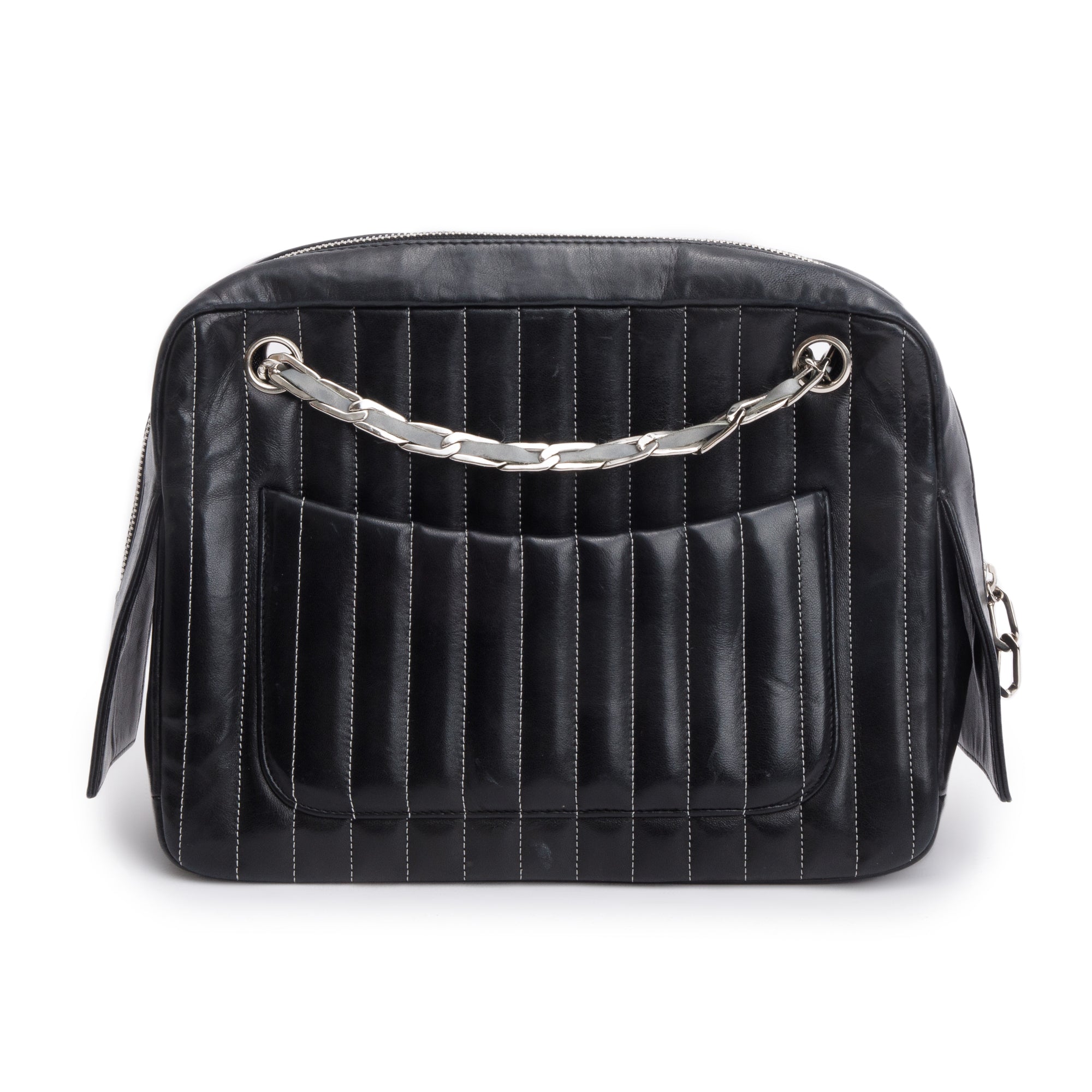 Chanel Black Vertical Quilt Lambskin Leather Mademoiselle Bowling Bag