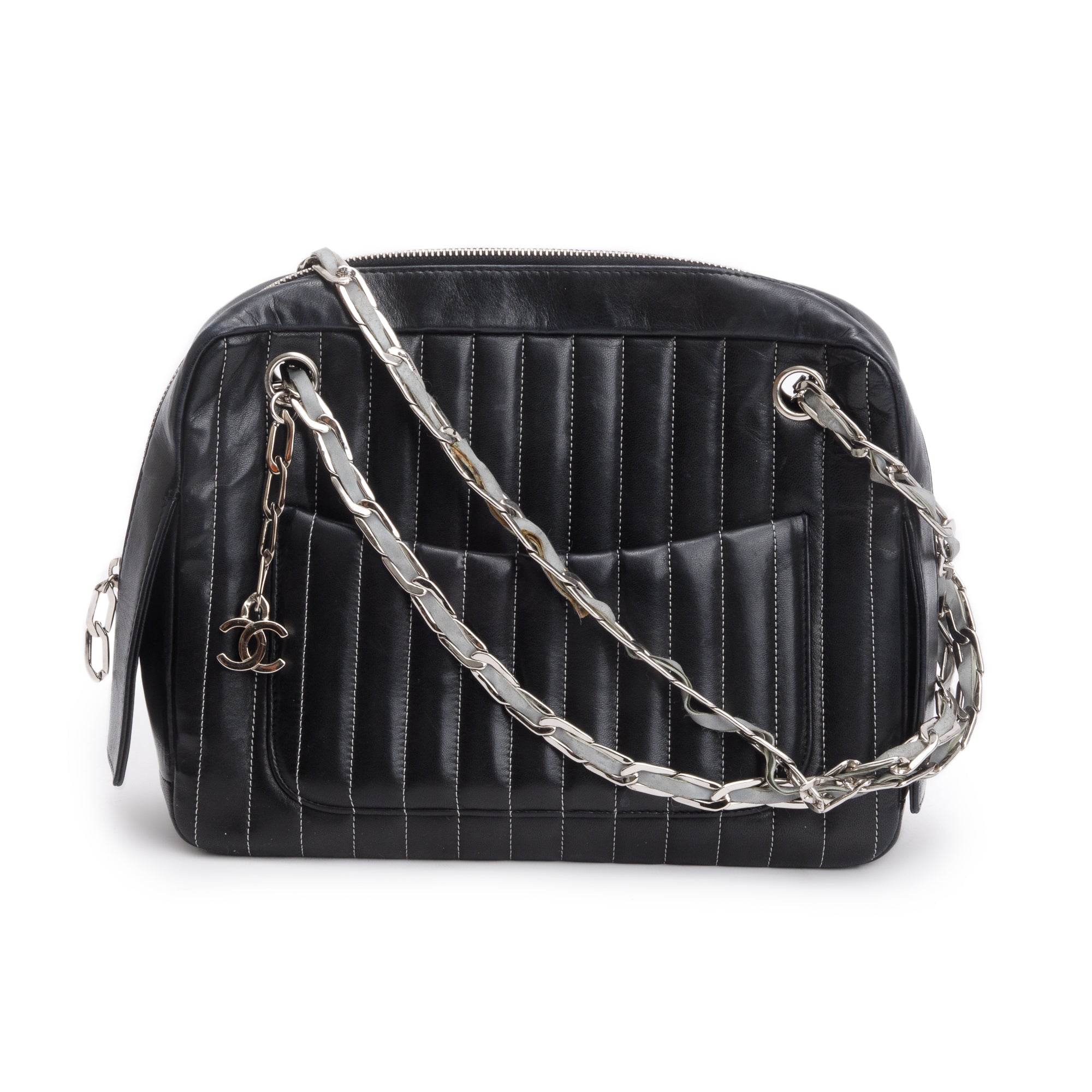 Chanel Black Vertical Quilt Lambskin Leather Mademoiselle Bowling Bag