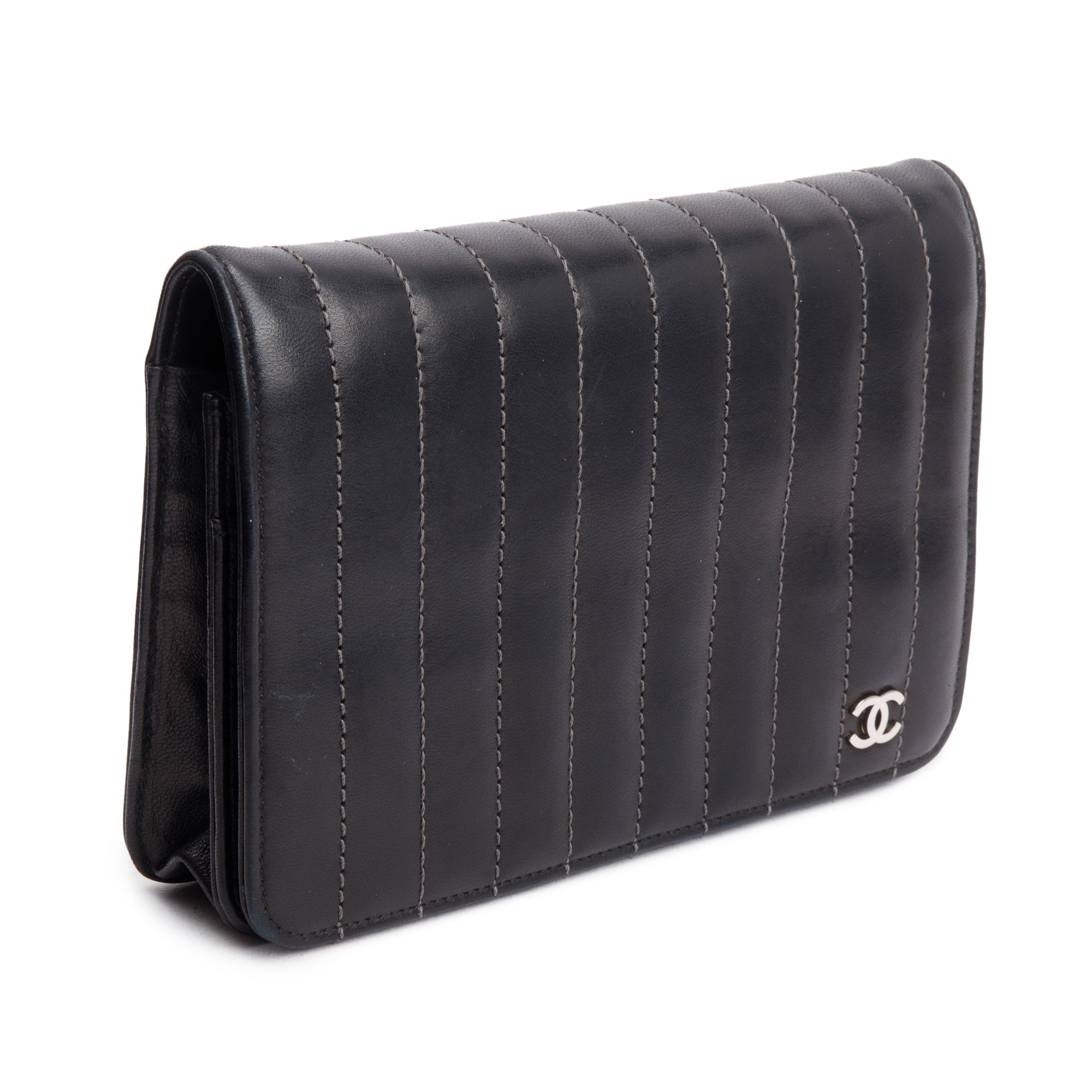 Chanel Black Vertical Quilted Lambskin Leather Wallet on Chain
