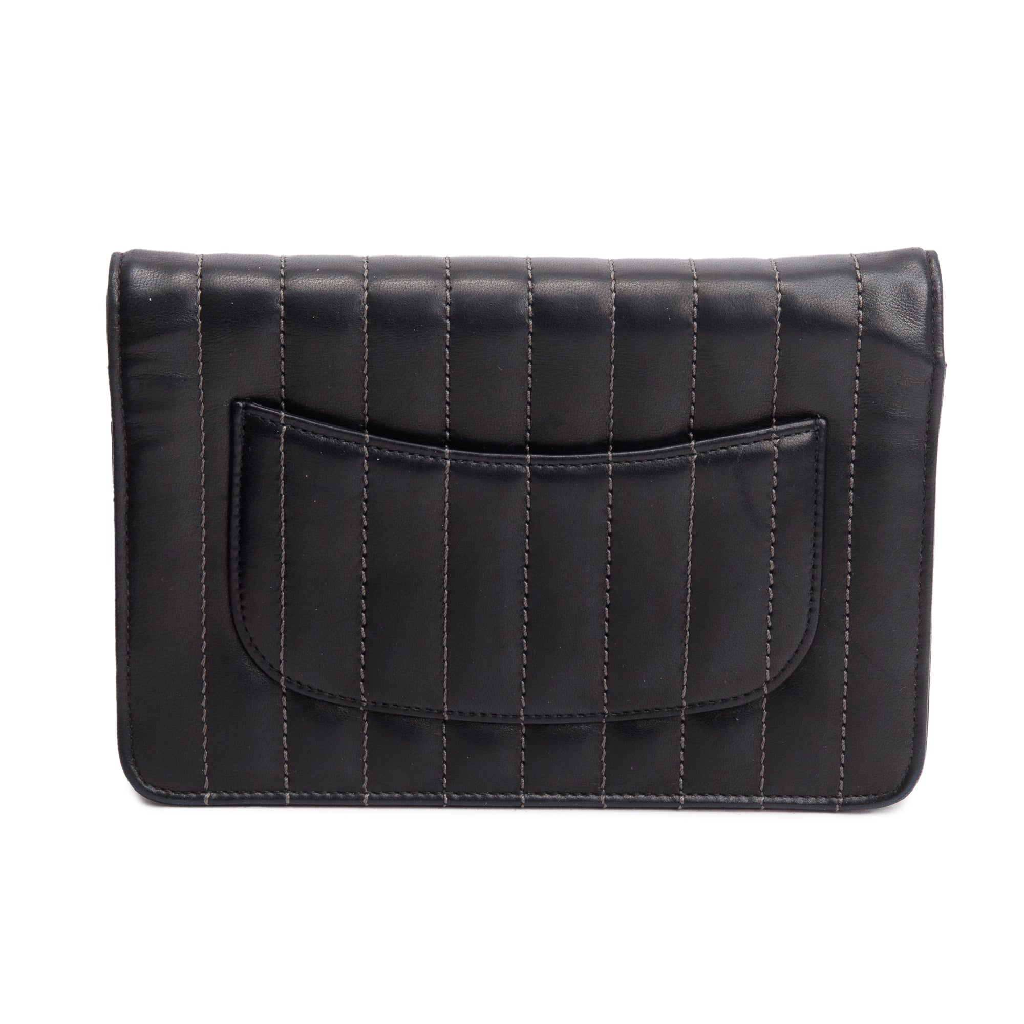 Chanel Black Vertical Quilted Lambskin Leather Wallet on Chain