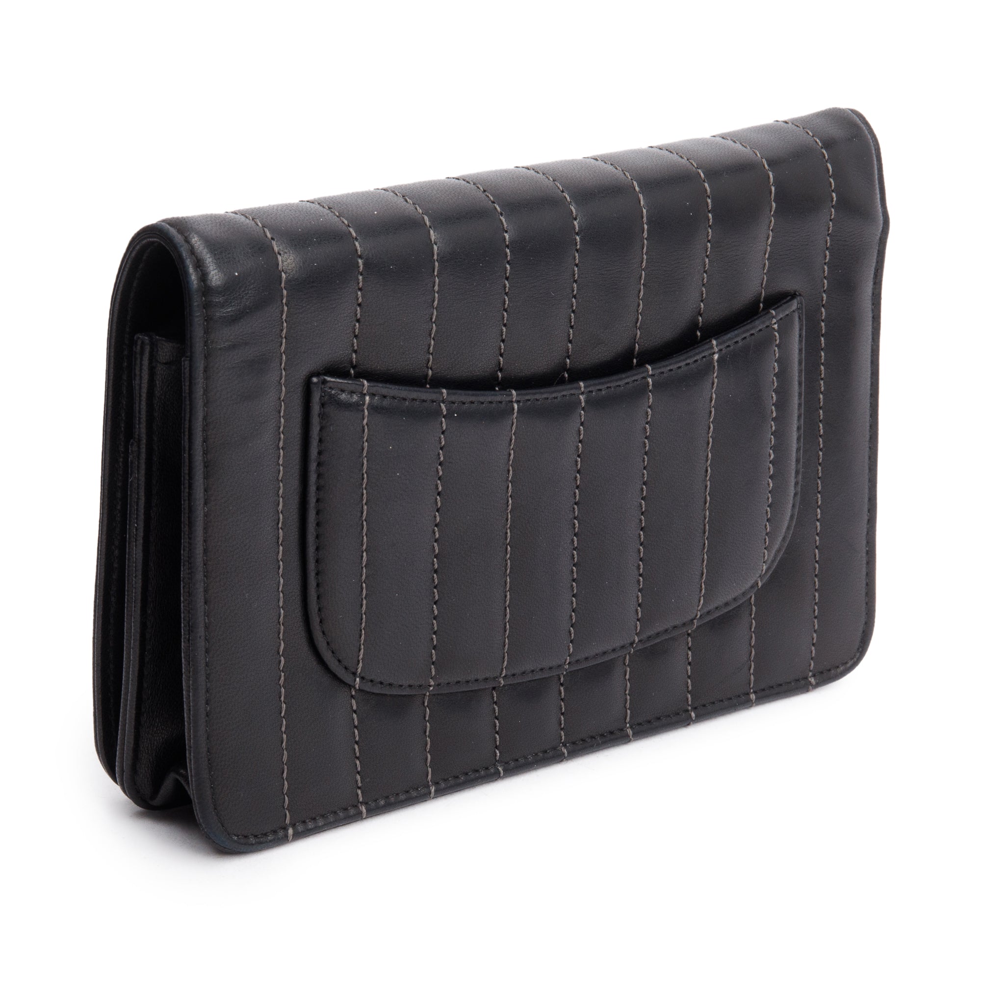 Chanel Black Vertical Quilted Lambskin Leather Wallet on Chain