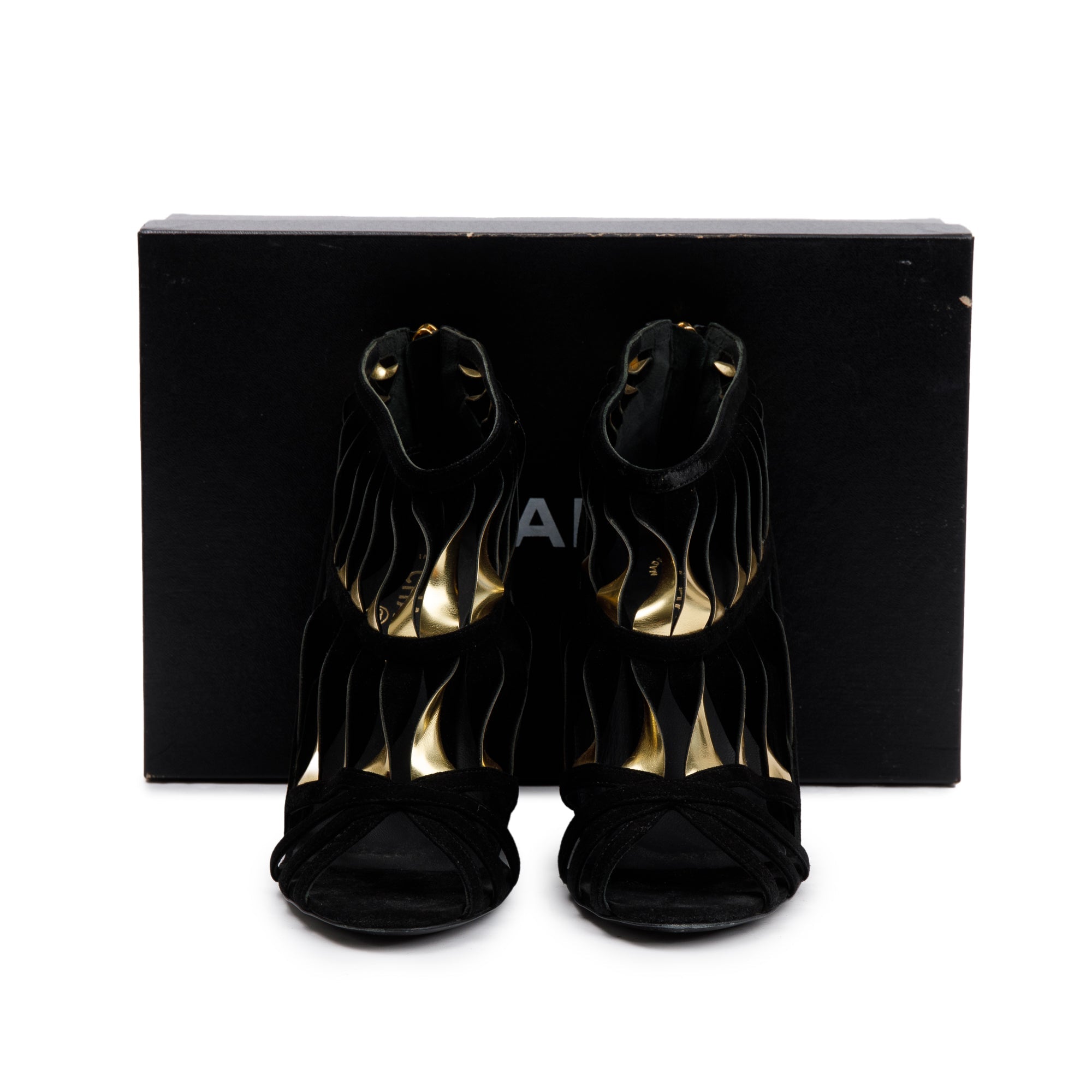 Chanel Black/Gold Suede Leather CC Strappy Wedge Sandals, Size 39 w/ Box