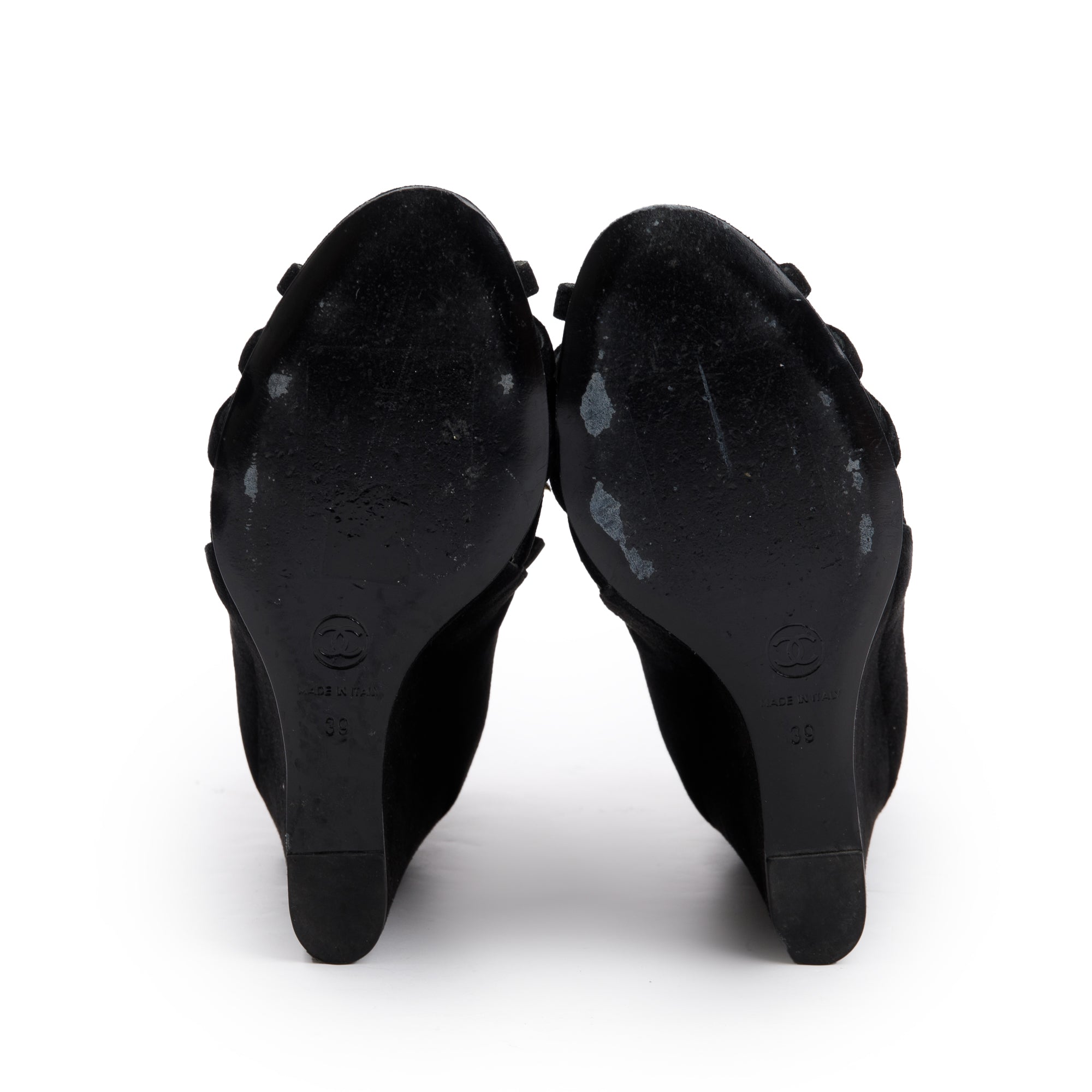 Chanel Black/Gold Suede Leather CC Strappy Wedge Sandals, Size 39 w/ Box