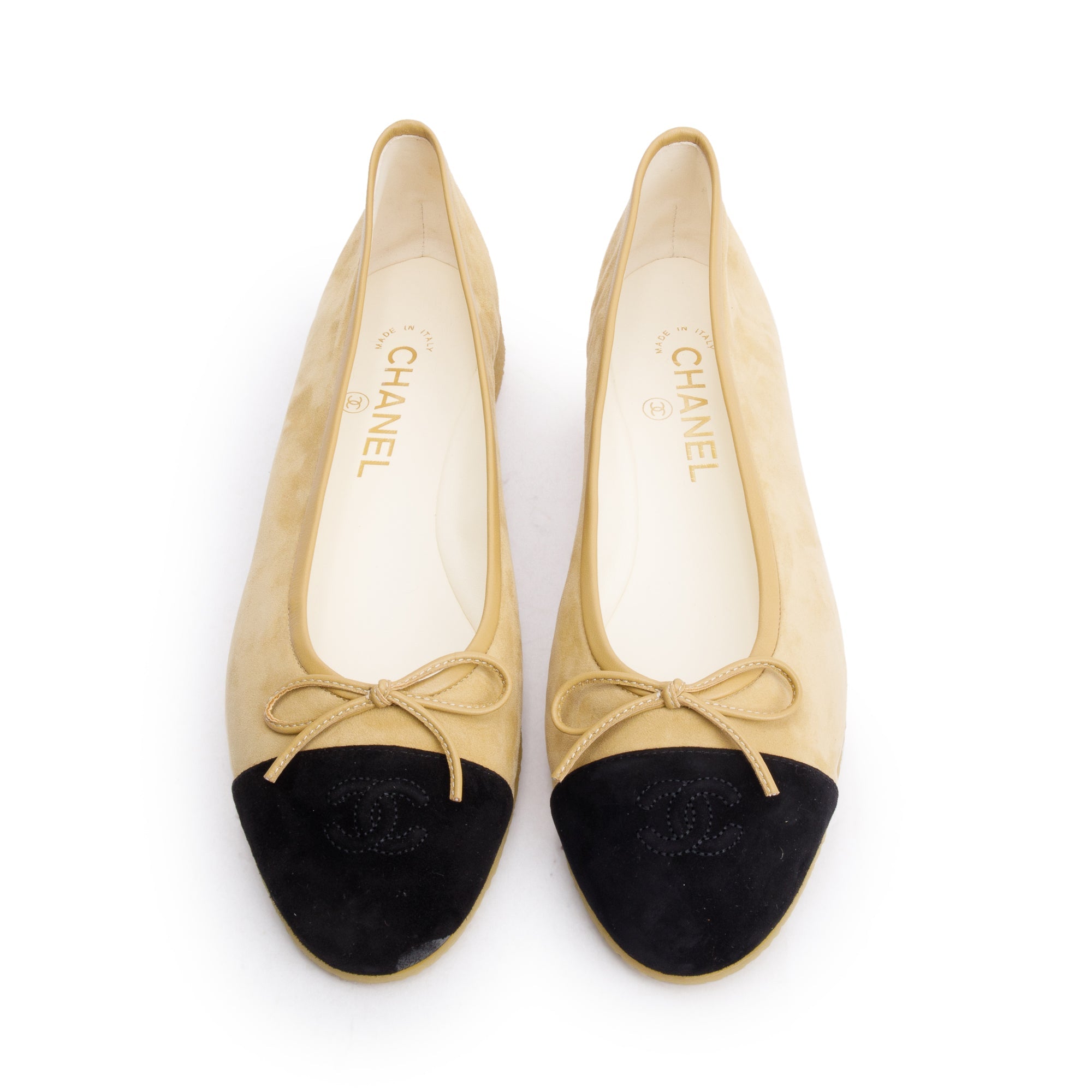Chanel Black/Yellow Suede Kidskin Interlocking CC Logo Bow Flats, Size 40 w/ Box
