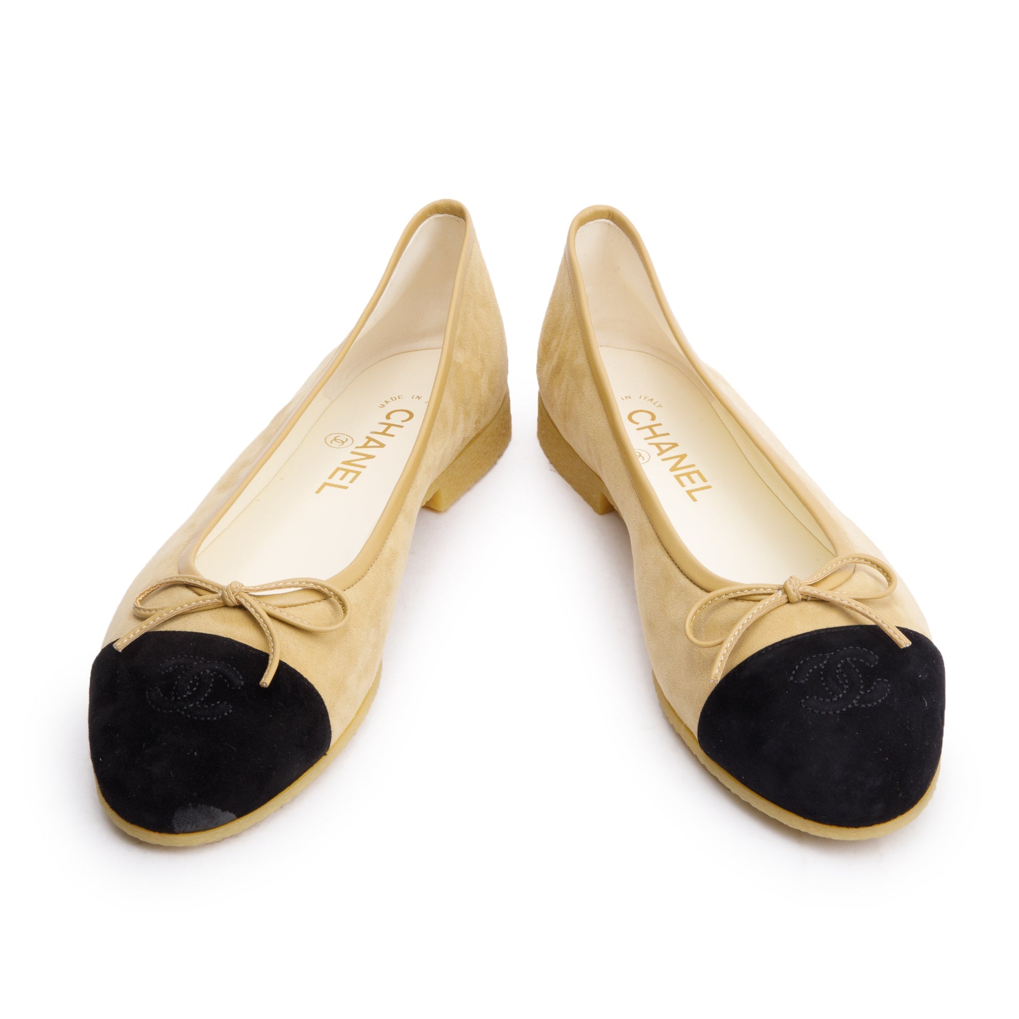 Chanel Black/Yellow Suede Kidskin Interlocking CC Logo Bow Flats, Size 40 w/ Box